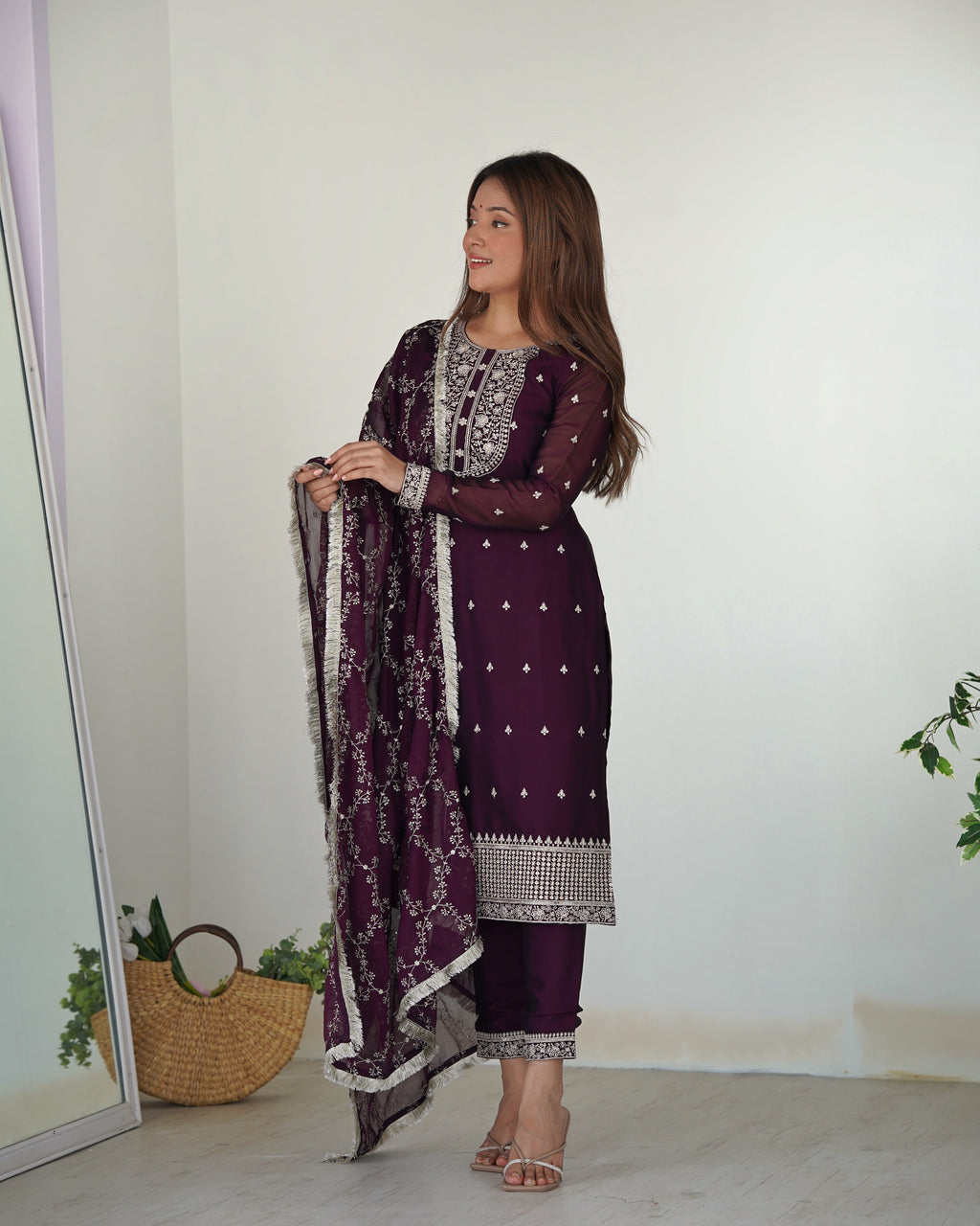 WINE BEAUTIFUL PURE BLOOMING RANGOLI SILK FABRIC STRAIGHT FIT KURTA WITH DUPPTA SET