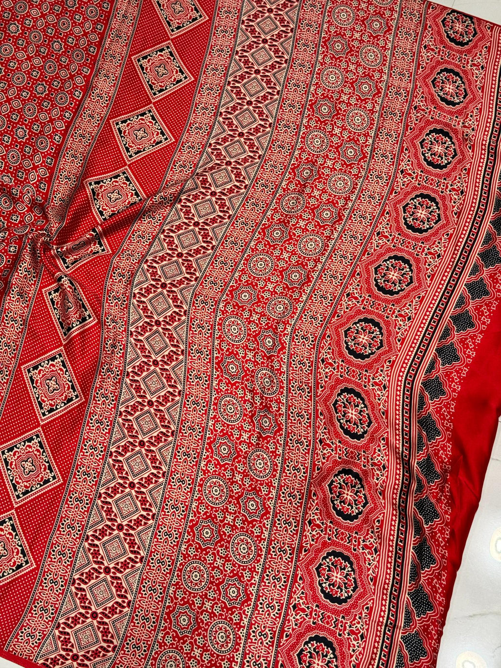 Red Ajrakh Printed Soft Modal Silk Natural Print Saree P1