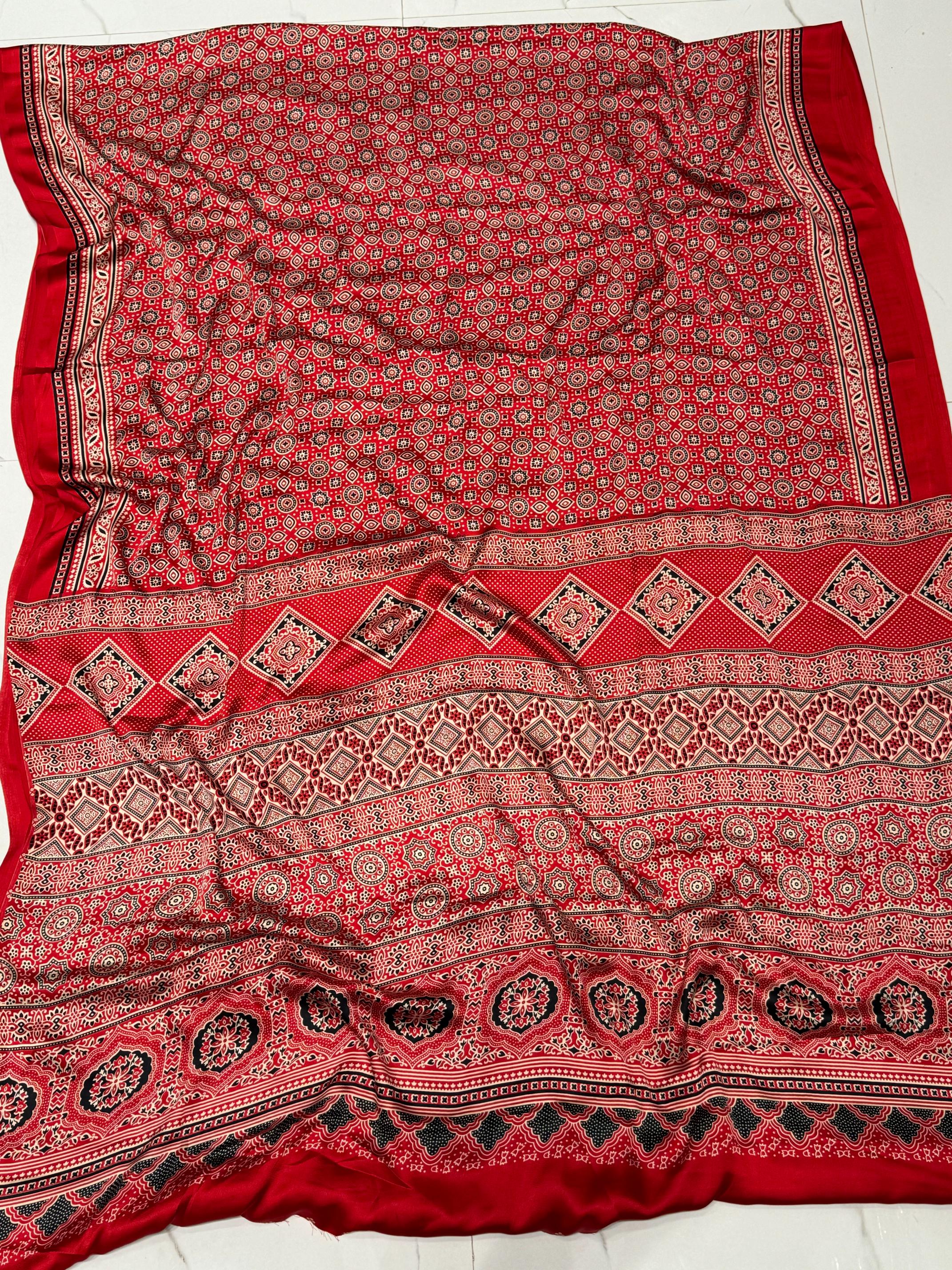 Red Ajrakh Printed Soft Modal Silk Natural Print Saree P1