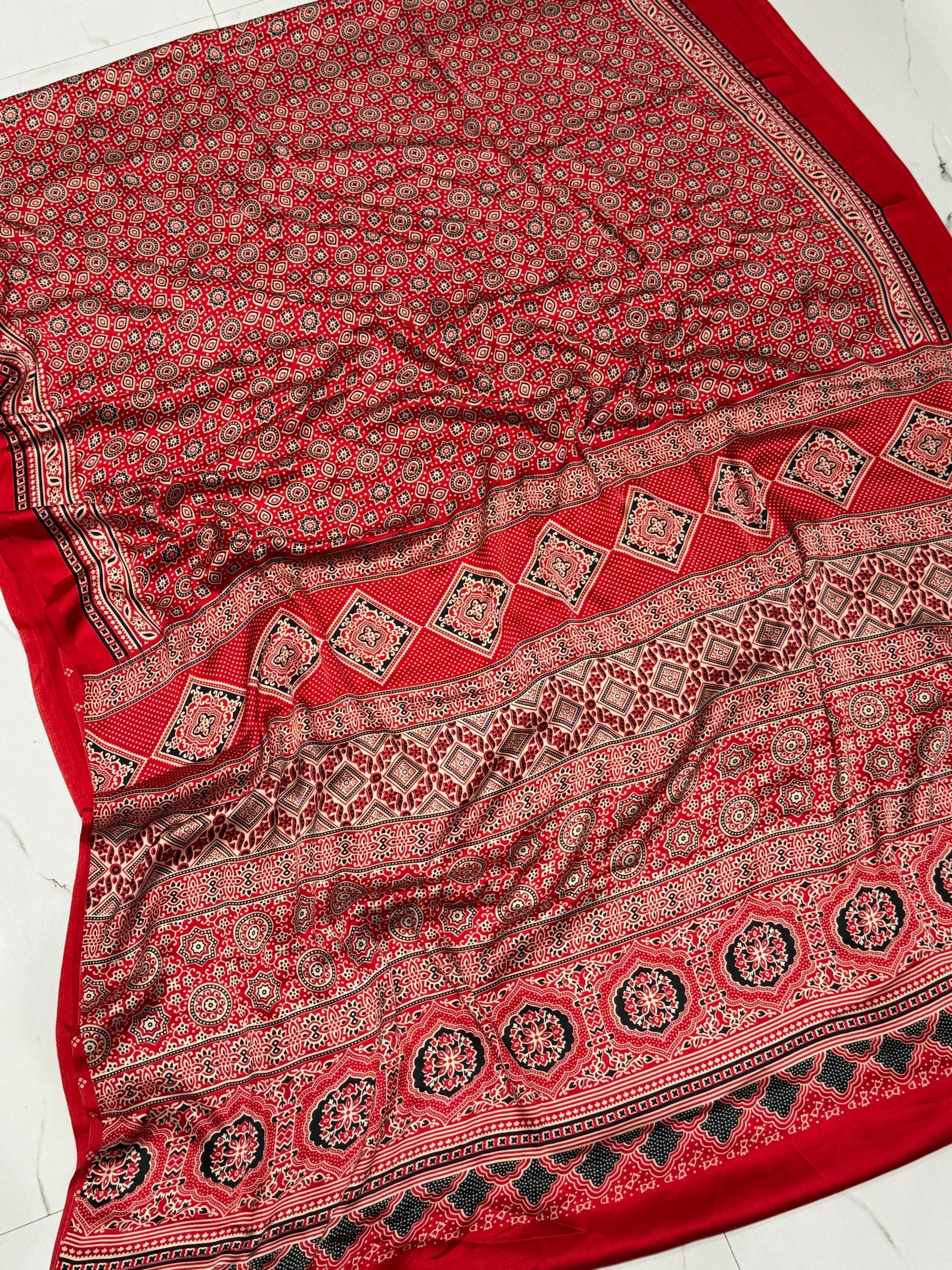 Red Ajrakh Printed Soft Modal Silk Natural Print Saree P1
