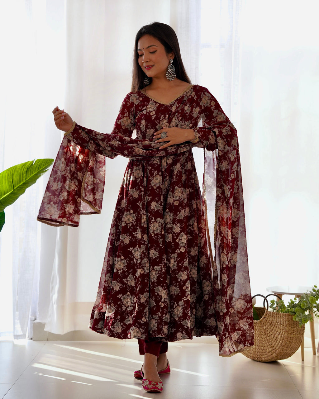 Dark Maroon Heavy Pure Fox Georgette Multi Floral Print Suit