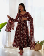 Dark Maroon Heavy Pure Fox Georgette Multi Floral Print Suit