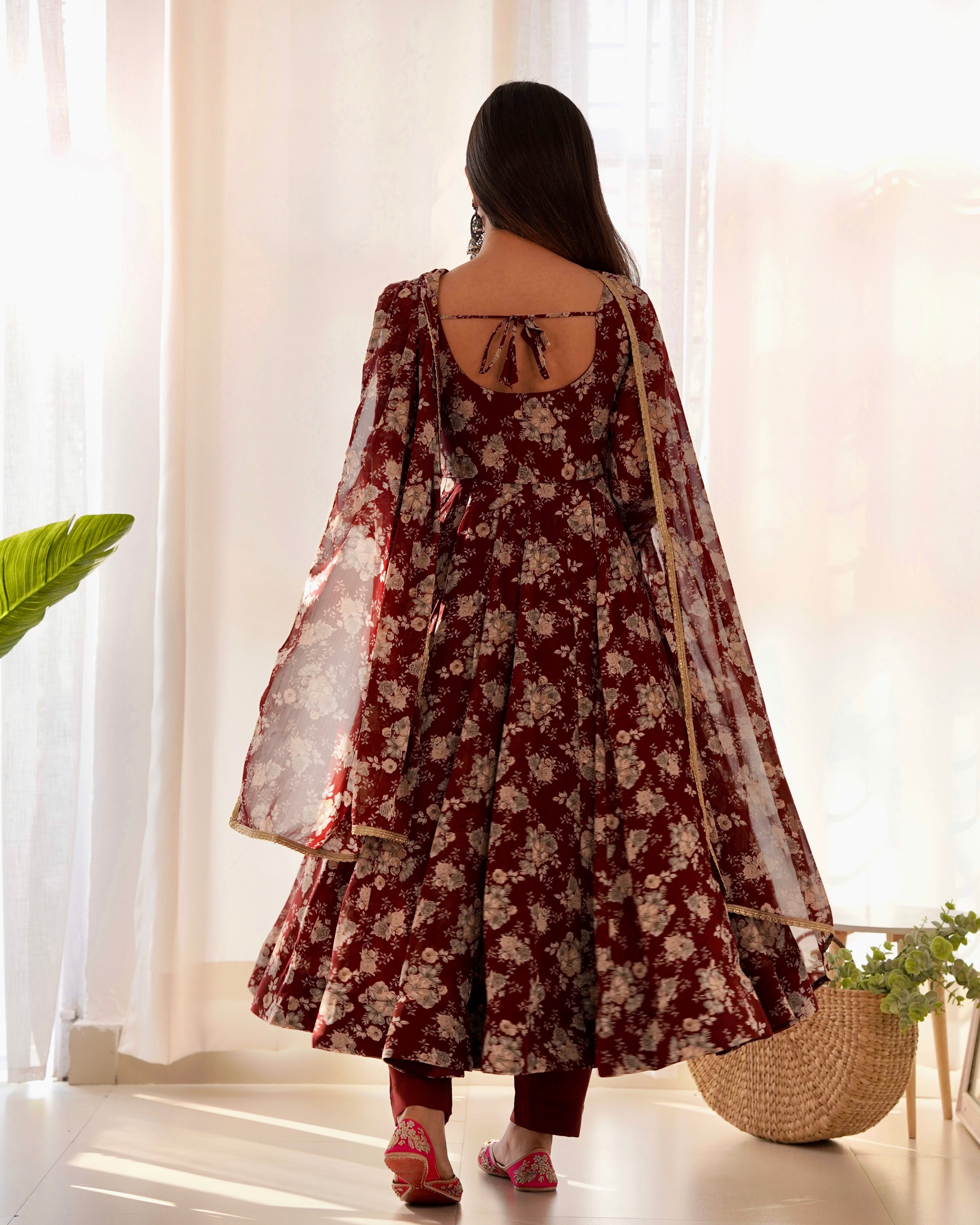 Dark Maroon Heavy Pure Fox Georgette Multi Floral Print Suit