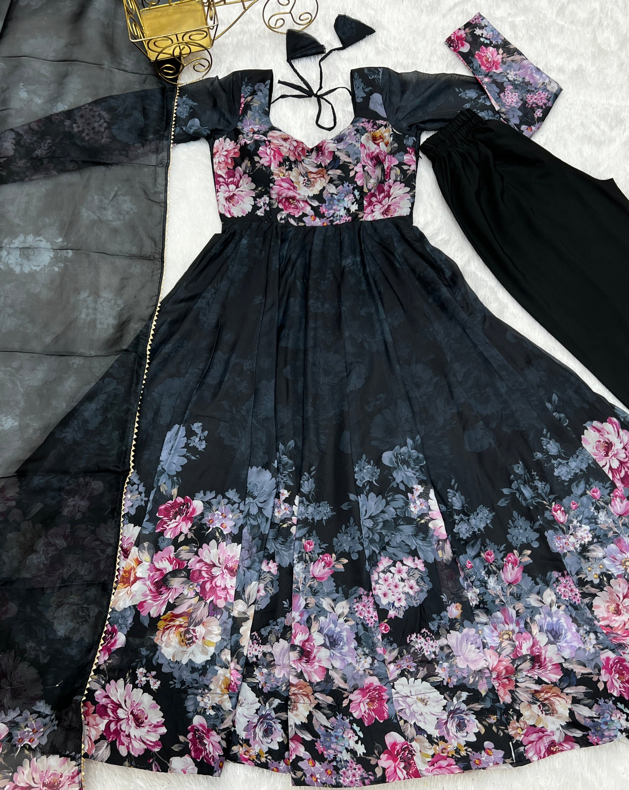 Black Pure Soft Organja Silk Fabric Fully Flair Kali Pattern And Canvas Patta With Dupatta Set Suit