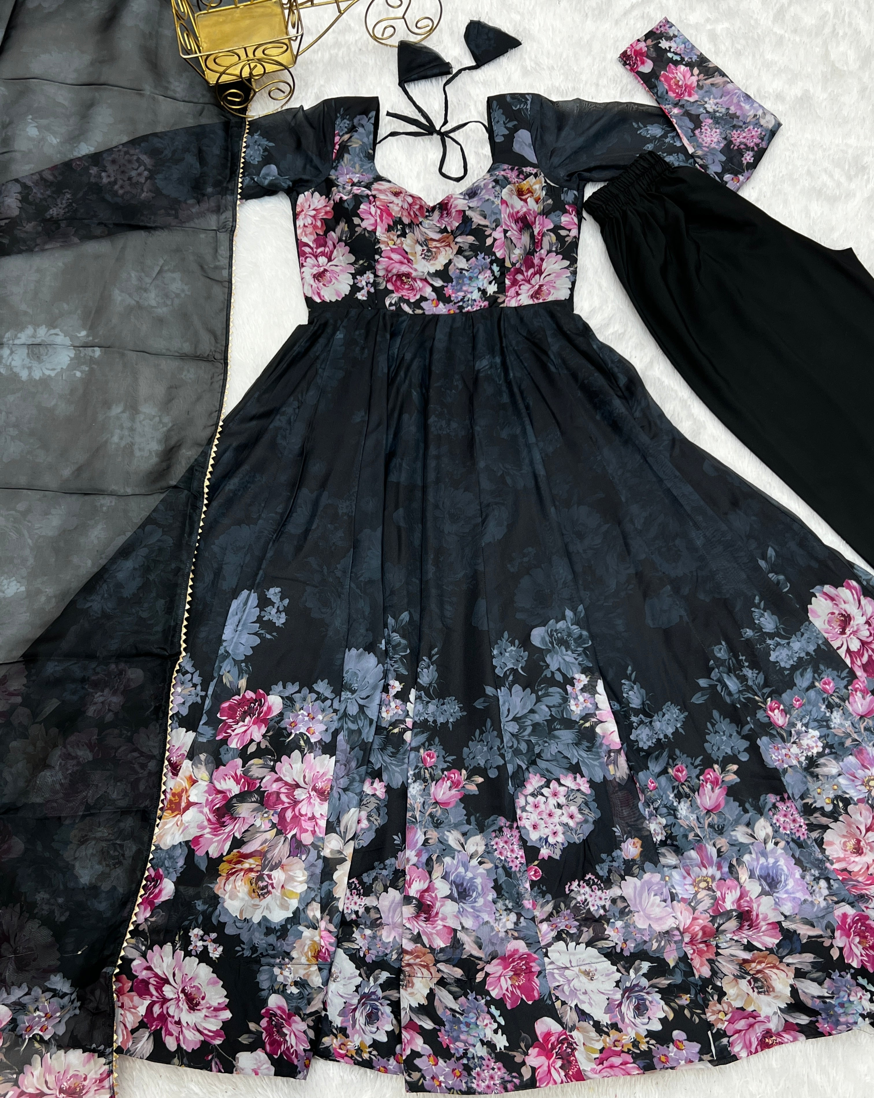 Black Pure Soft Organja Silk Fabric Fully Flair Kali Pattern And Canvas Patta With Dupatta Set Suit