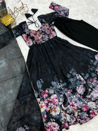 Black Pure Soft Organja Silk Fabric Fully Flair Kali Pattern And Canvas Patta With Dupatta Set Suit