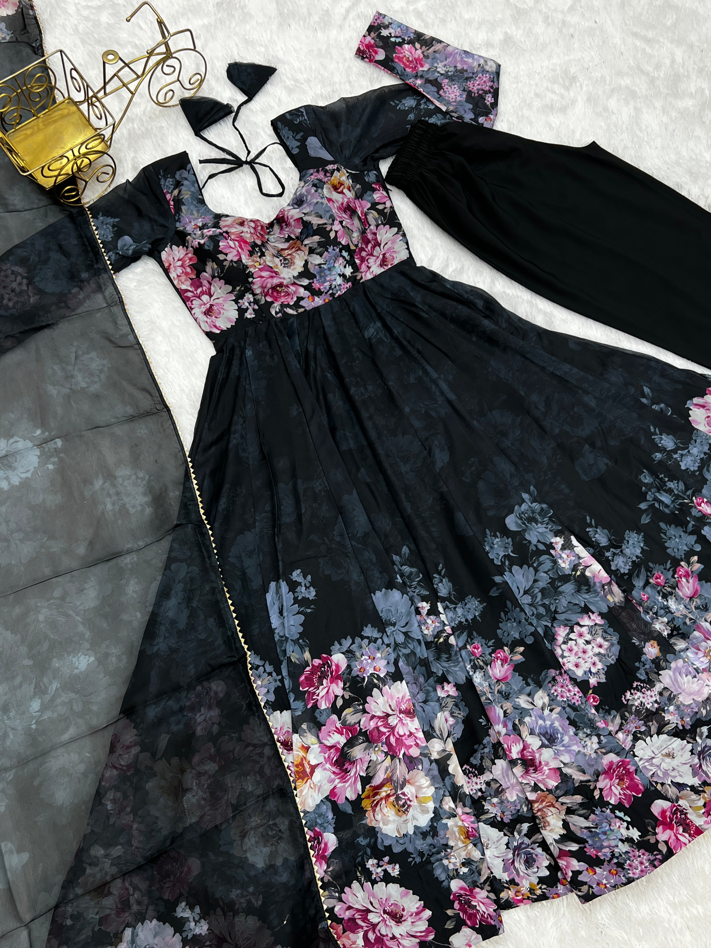 Black Pure Soft Organja Silk Fabric Fully Flair Kali Pattern And Canvas Patta With Dupatta Set Suit