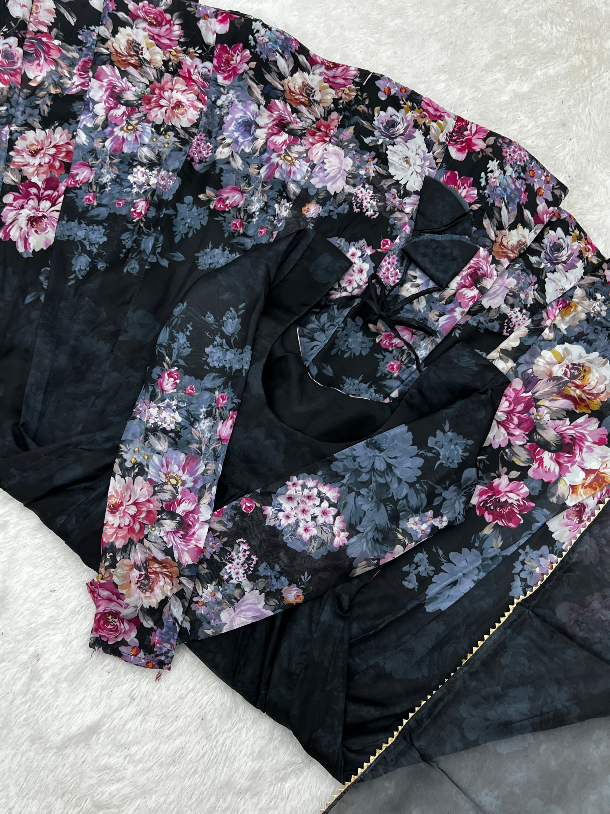 Black Pure Soft Organja Silk Fabric Fully Flair Kali Pattern And Canvas Patta With Dupatta Set Suit