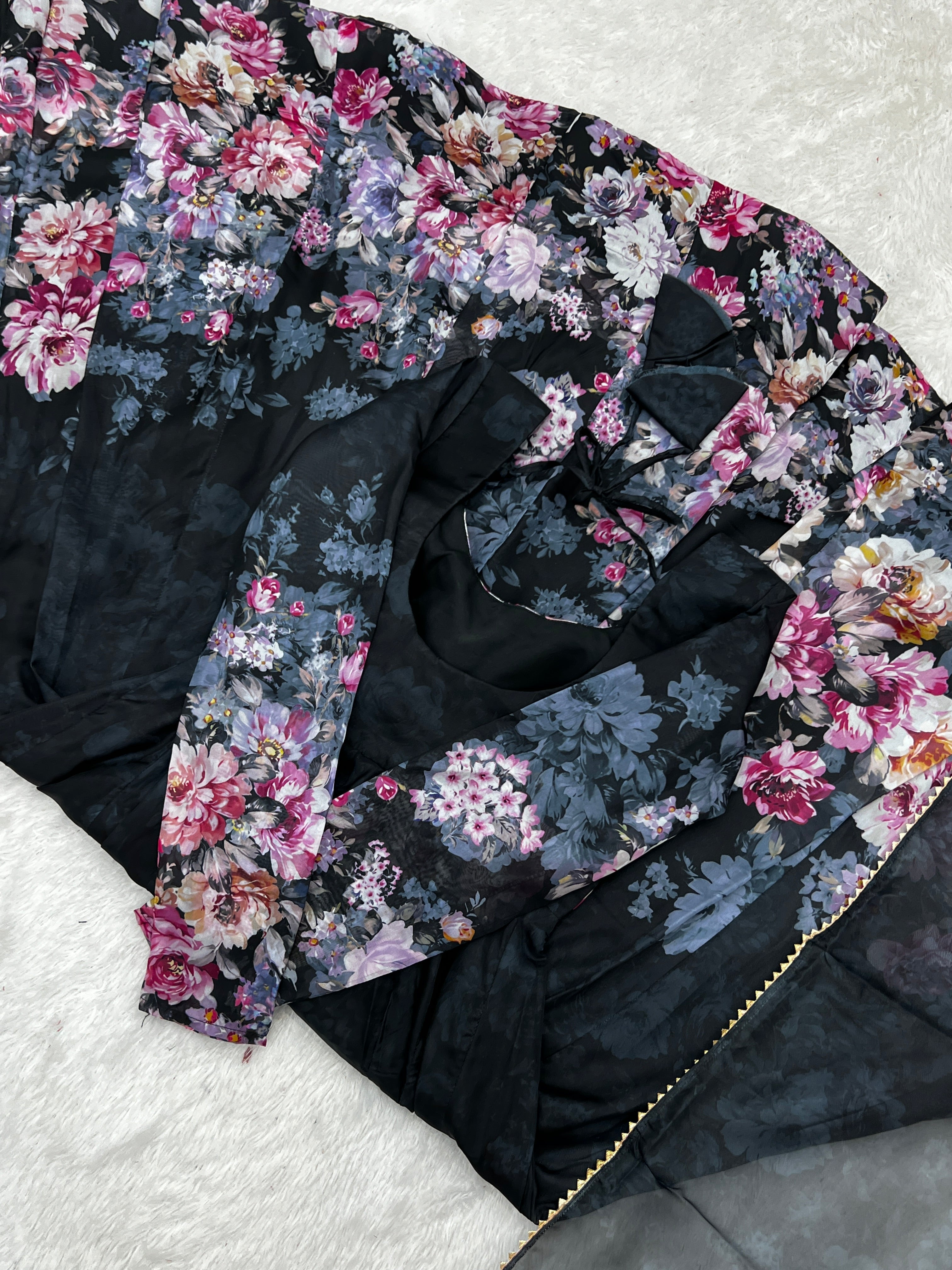 Black Pure Soft Organja Silk Fabric Fully Flair Kali Pattern And Canvas Patta With Dupatta Set Suit