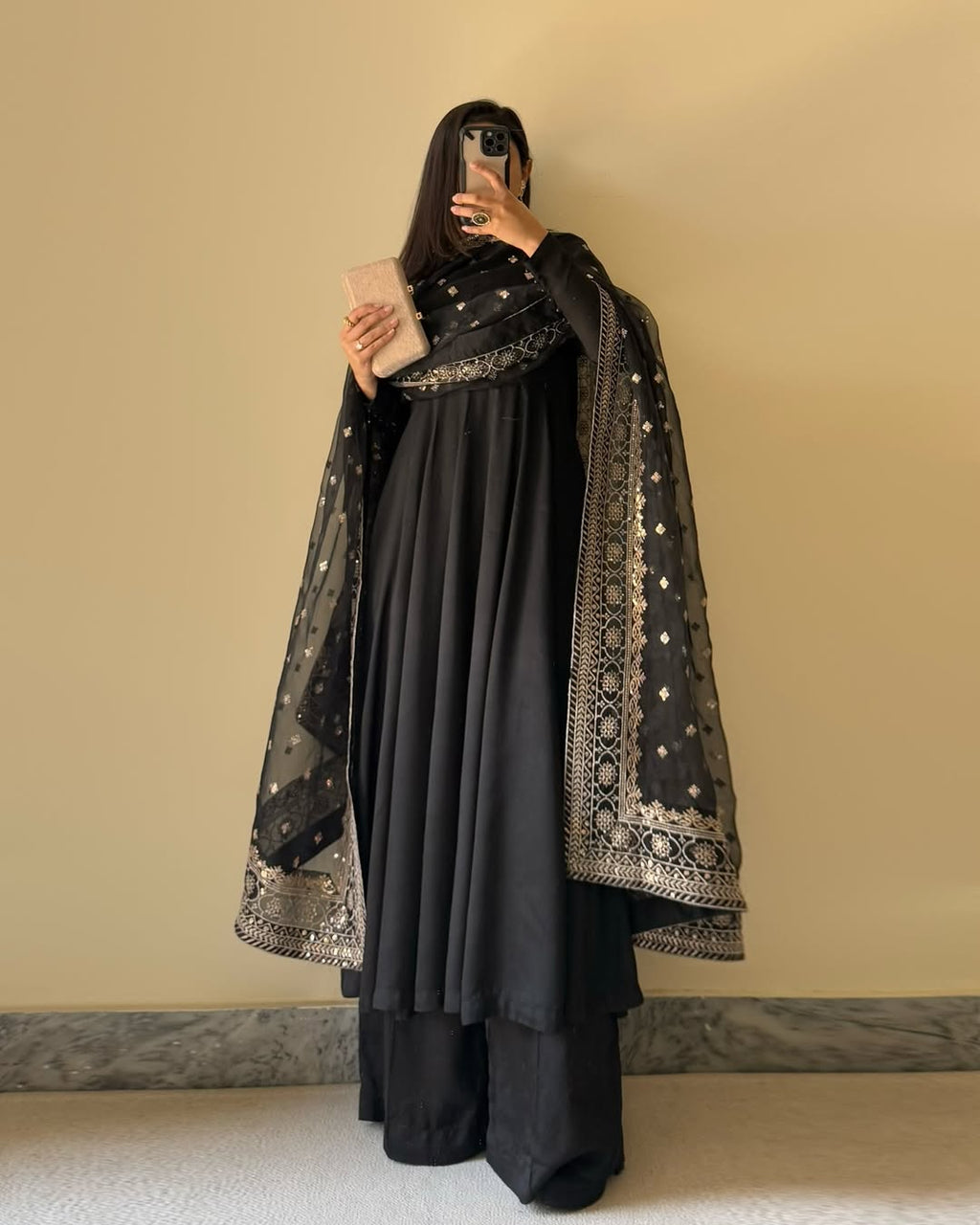 Black Bottle Green Pure Fox Georgette Fabric Kurta With Duppta Plazzo Set