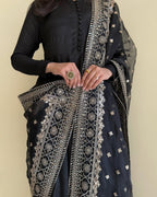 Black Bottle Green Pure Fox Georgette Fabric Kurta With Duppta Plazzo Set