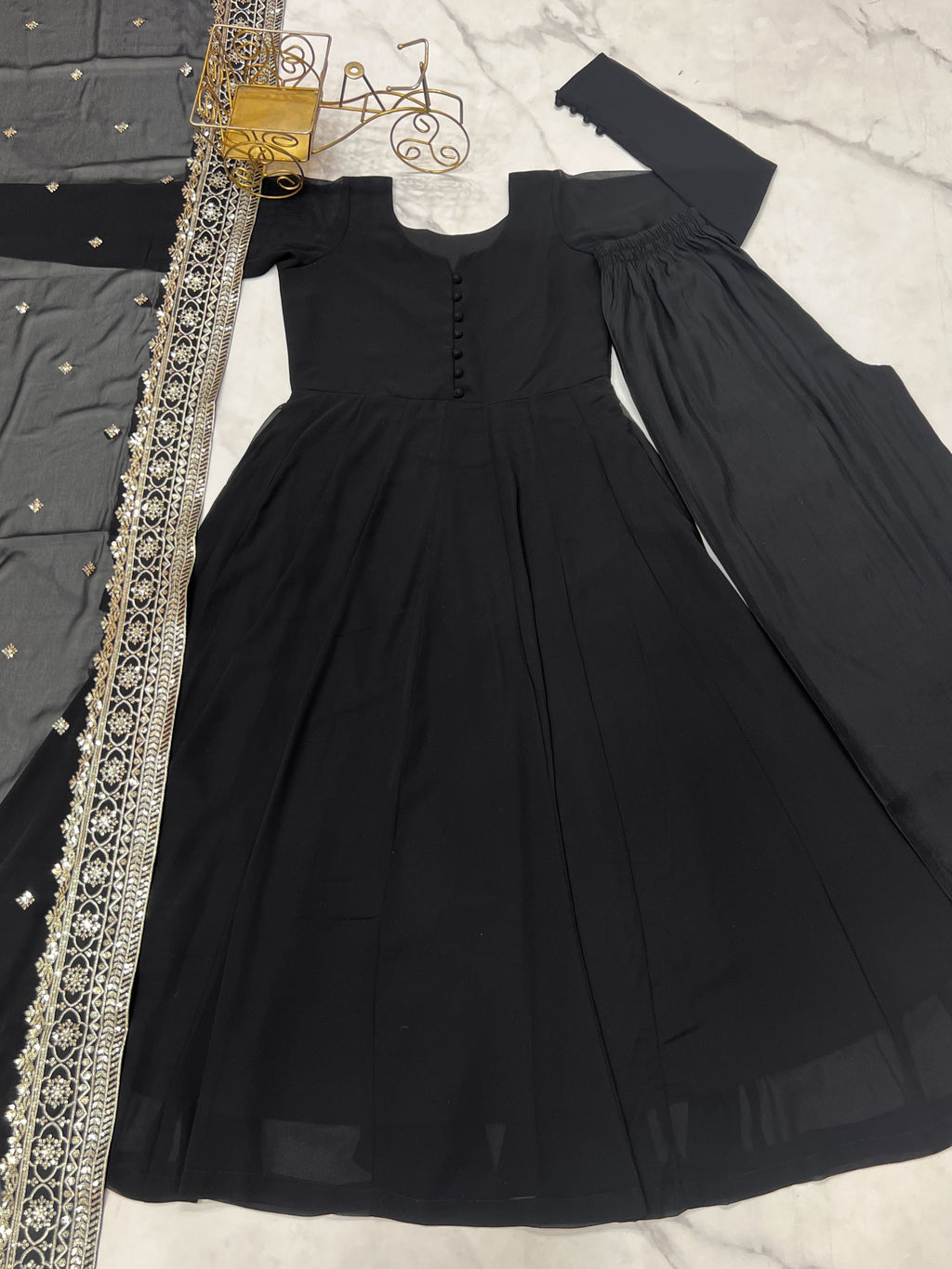 Black Bottle Green Pure Fox Georgette Fabric Kurta With Duppta Plazzo Set