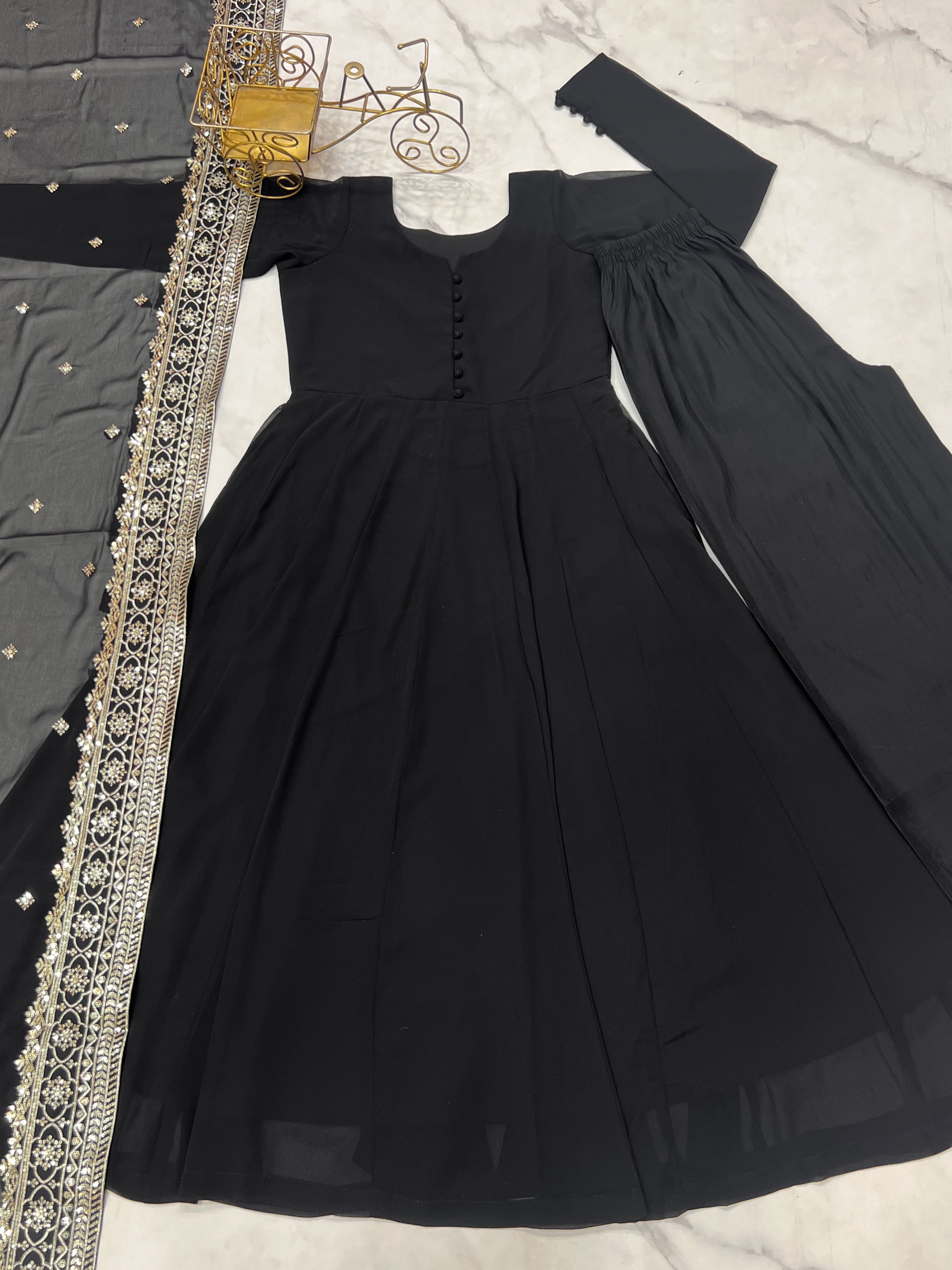 Black Bottle Green Pure Fox Georgette Fabric Kurta With Duppta Plazzo Set