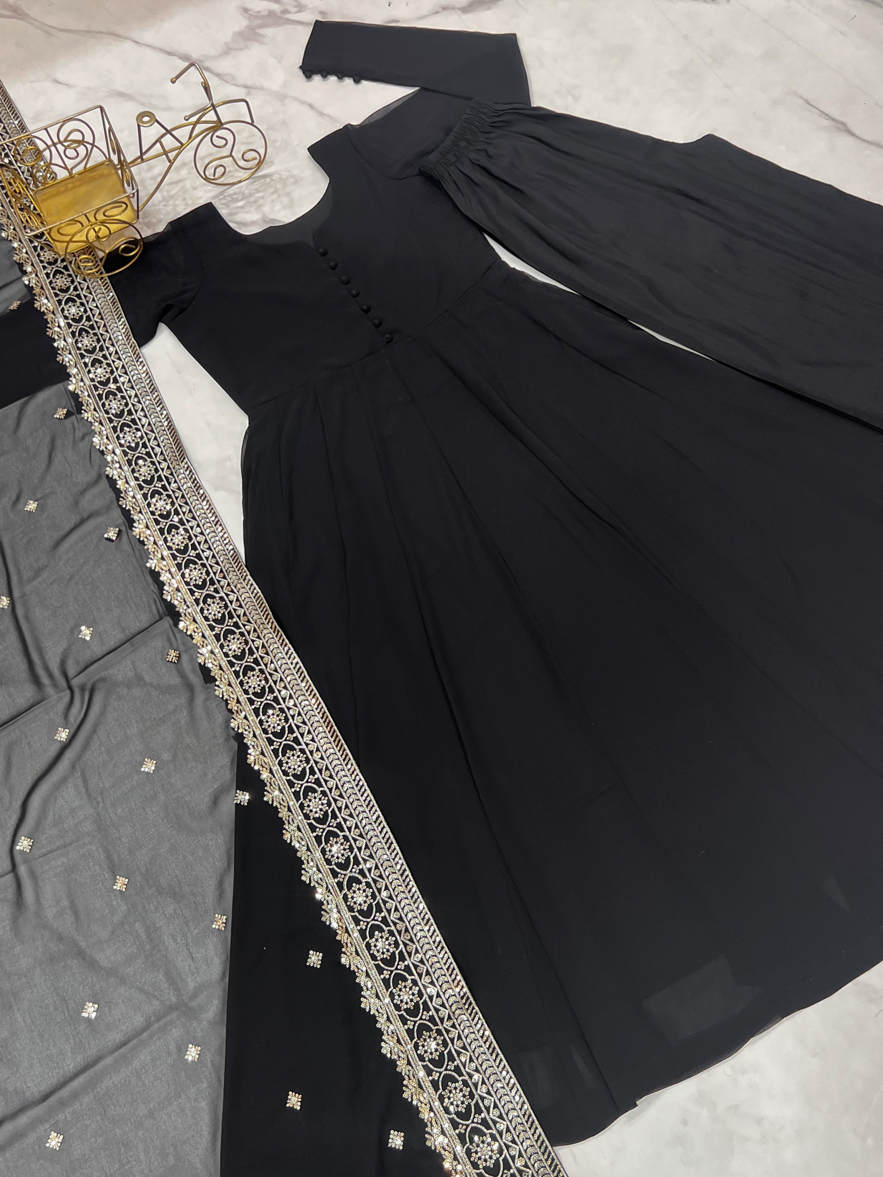 Black Bottle Green Pure Fox Georgette Fabric Kurta With Duppta Plazzo Set