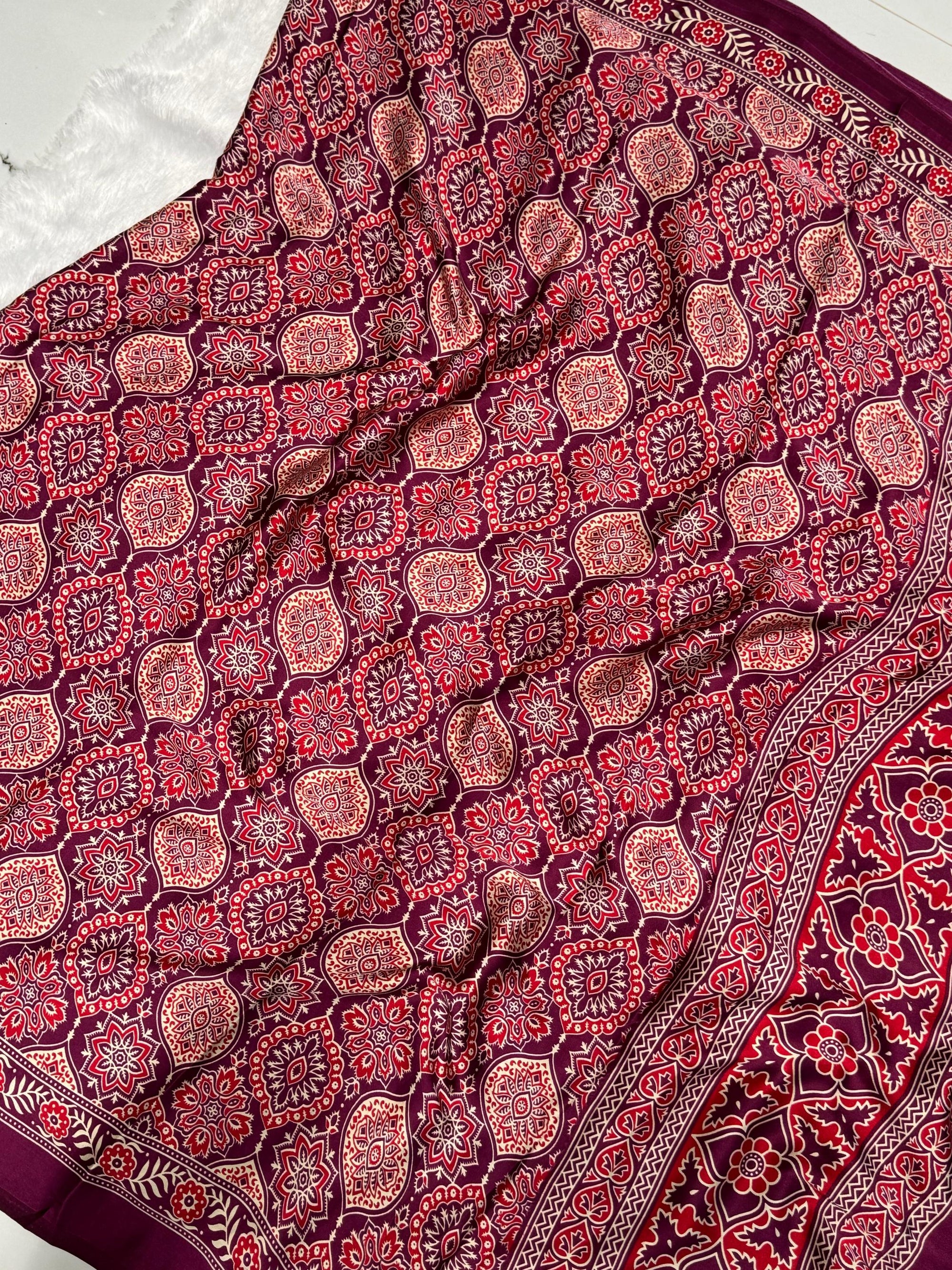 Wine Ajrakh Printed Soft Modal Silk Natural Print Saree P2