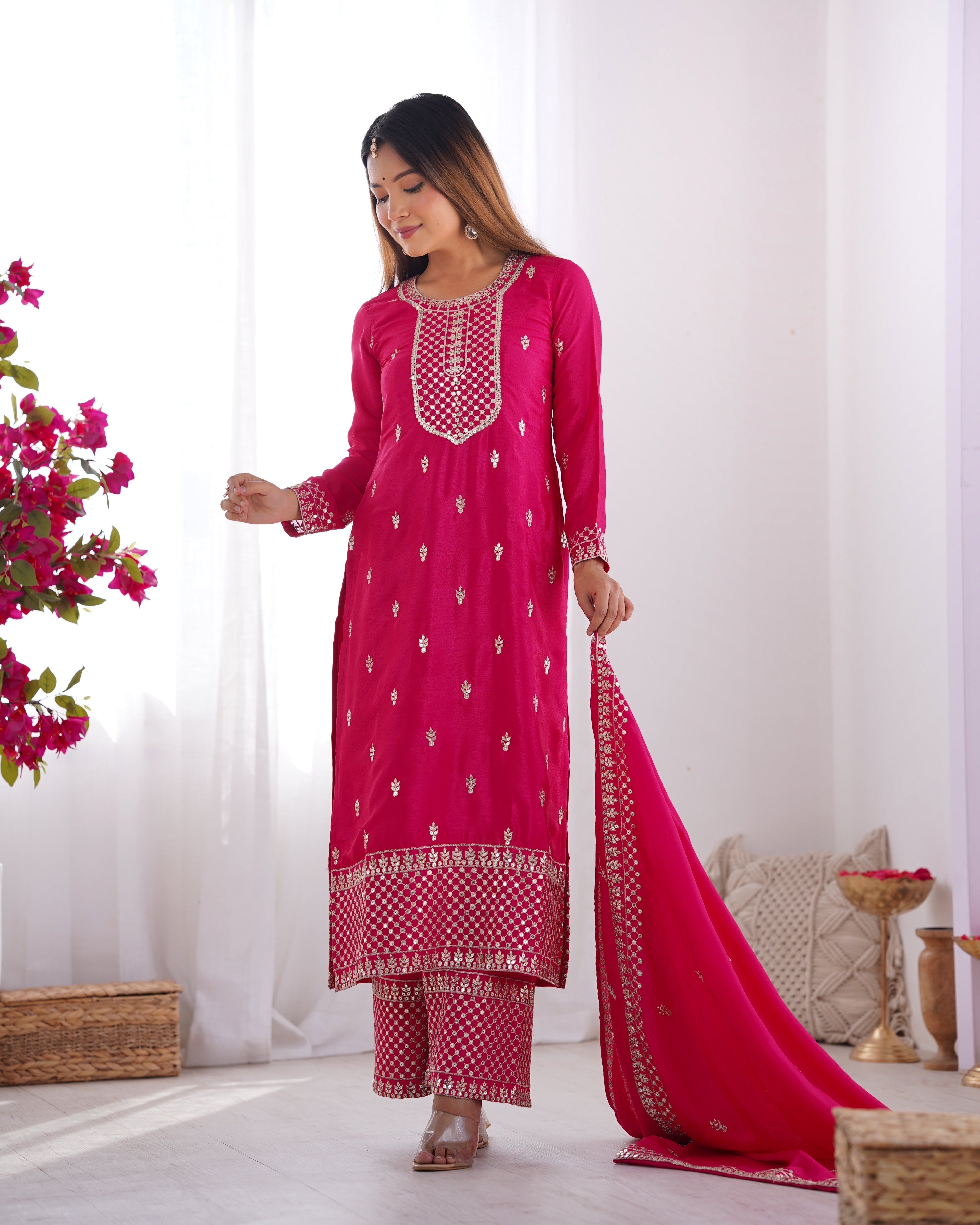 Pink Pure Chinon Silk Fabric With Beautiful Embroidery Sequence And Jari Work Plazzo Set