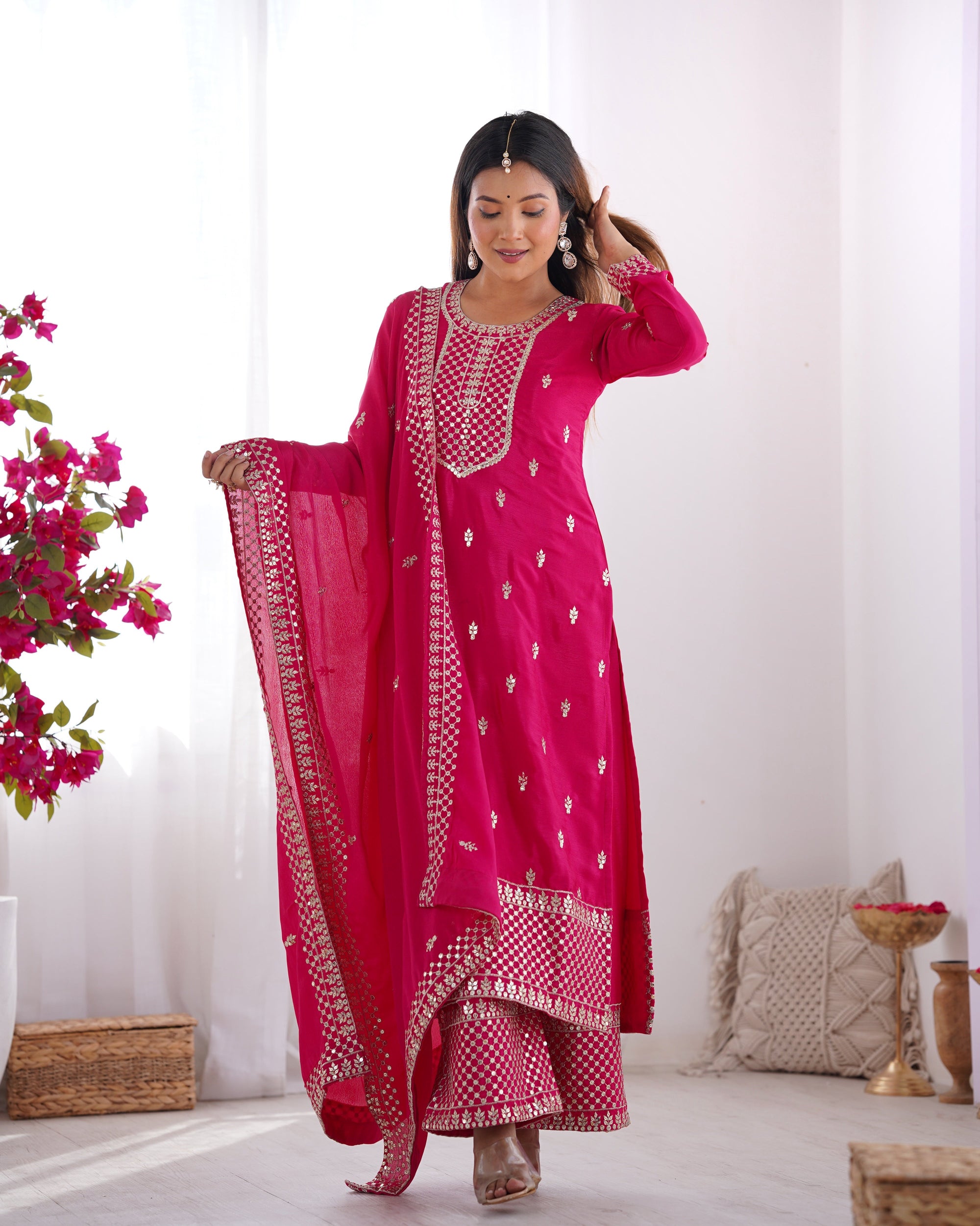 Pink Pure Chinon Silk Fabric With Beautiful Embroidery Sequence And Jari Work Plazzo Set
