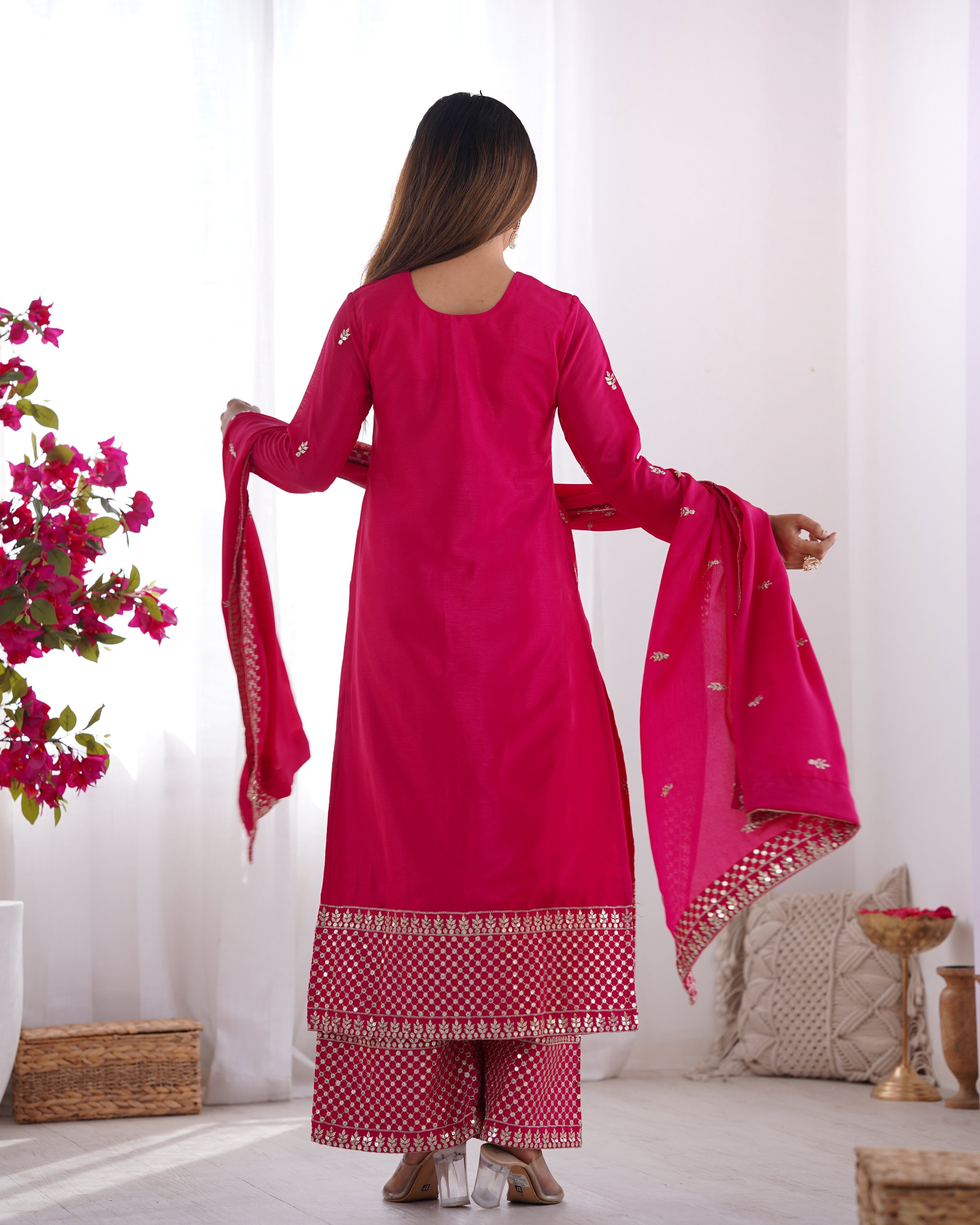 Pink Pure Chinon Silk Fabric With Beautiful Embroidery Sequence And Jari Work Plazzo Set