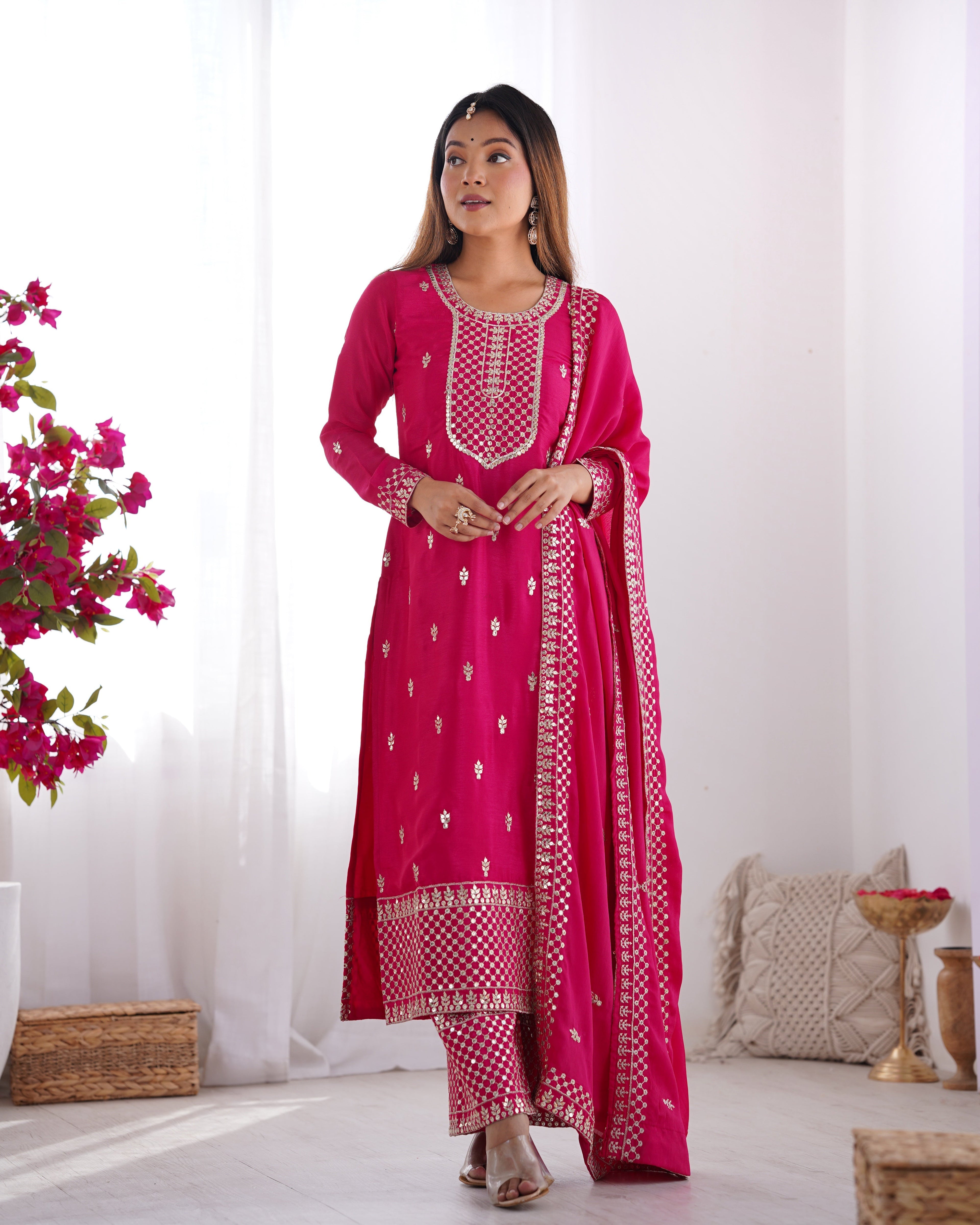 Pink Pure Chinon Silk Fabric With Beautiful Embroidery Sequence And Jari Work Plazzo Set