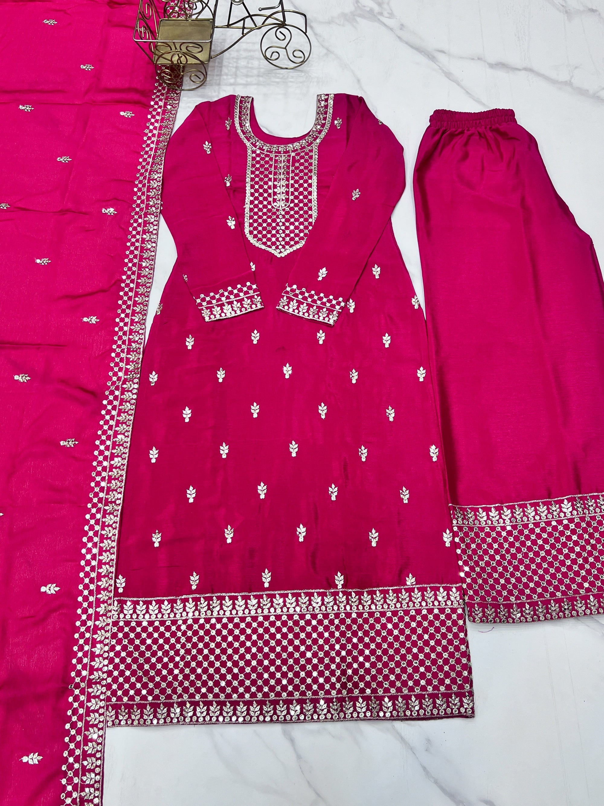 Pink Pure Chinon Silk Fabric With Beautiful Embroidery Sequence And Jari Work Plazzo Set
