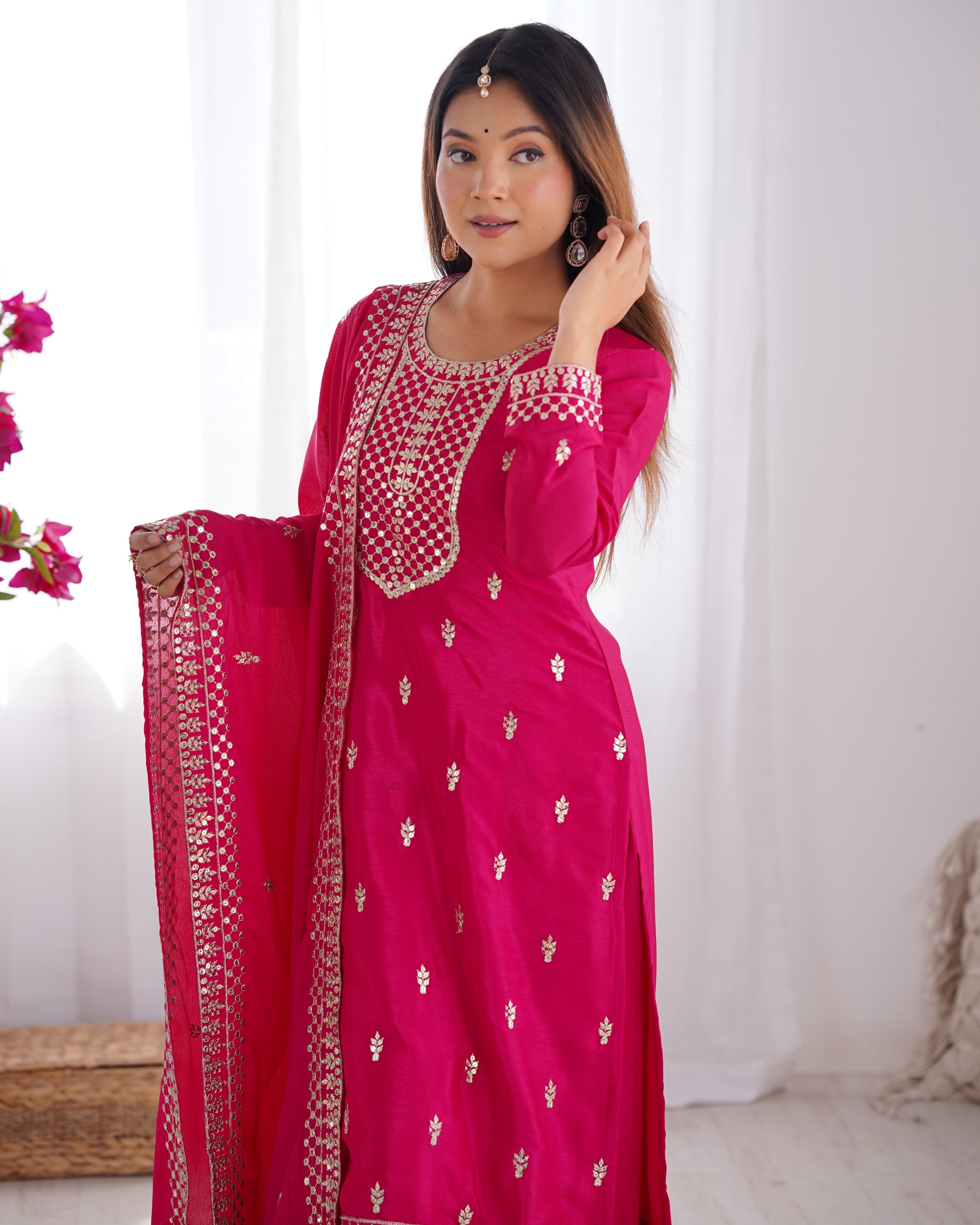 Pink Pure Chinon Silk Fabric With Beautiful Embroidery Sequence And Jari Work Plazzo Set