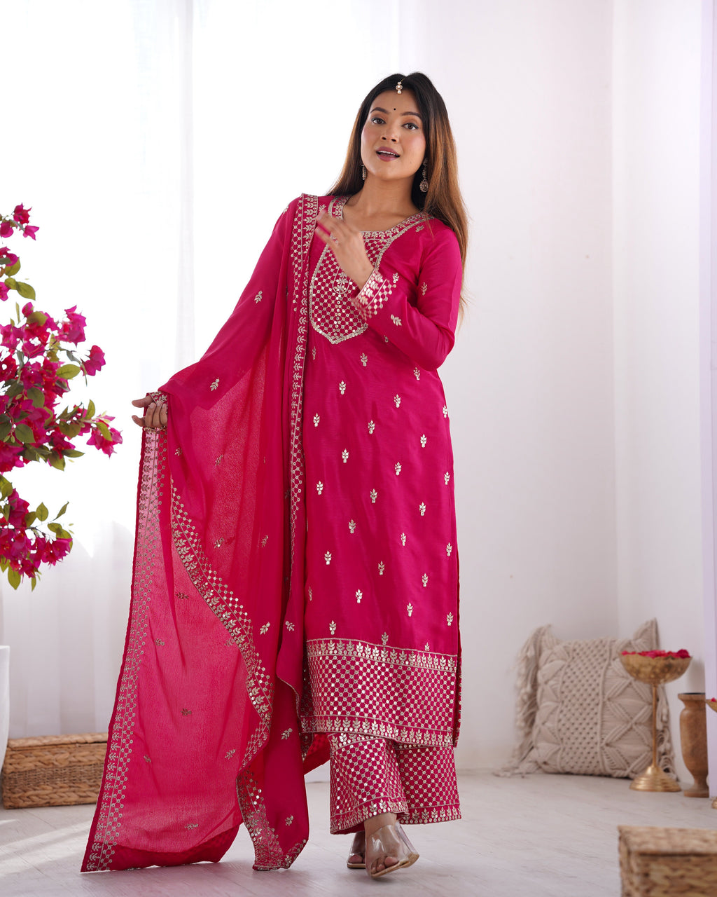 Pink Pure Chinon Silk Fabric With Beautiful Embroidery Sequence And Jari Work Plazzo Set