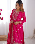 Pink Pure Chinon Silk Fabric With Beautiful Embroidery Sequence And Jari Work Plazzo Set