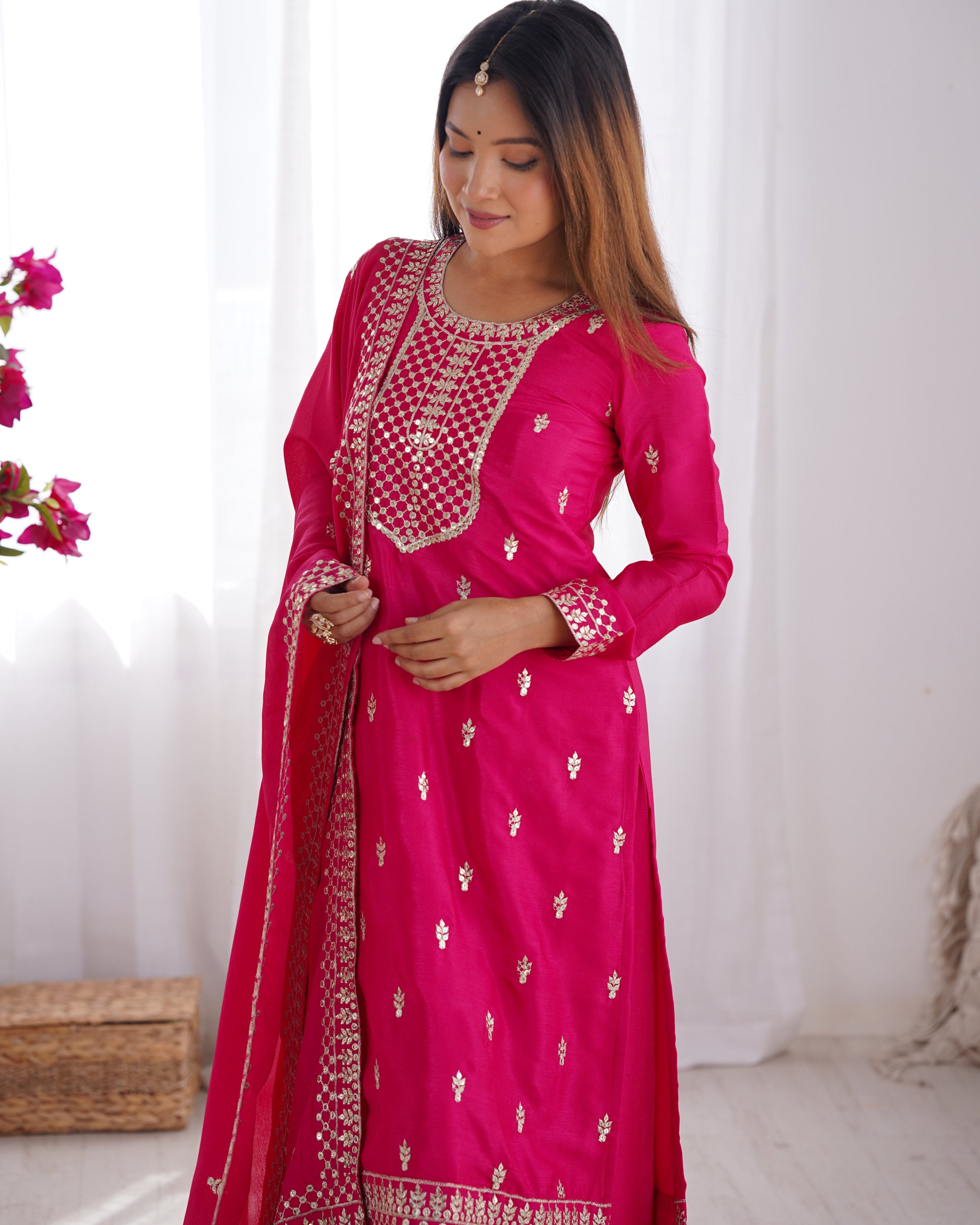 Pink Pure Chinon Silk Fabric With Beautiful Embroidery Sequence And Jari Work Plazzo Set