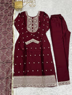 MAROON BEAUTIFUL PURE BLOOMING RANGOLI SILK FABRIC STRAIGHT FIT KURTA WITH DUPPTA SET (Copy)