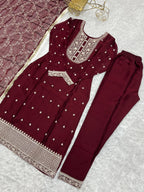 MAROON BEAUTIFUL PURE BLOOMING RANGOLI SILK FABRIC STRAIGHT FIT KURTA WITH DUPPTA SET (Copy)