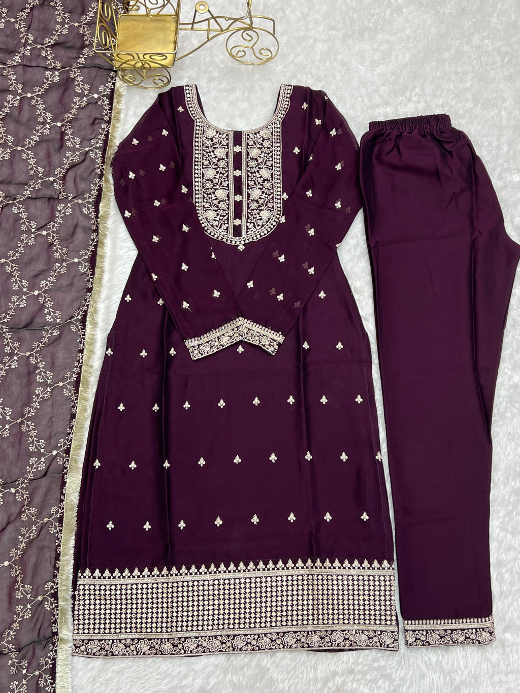 WINE BEAUTIFUL PURE BLOOMING RANGOLI SILK FABRIC STRAIGHT FIT KURTA WITH DUPPTA SET