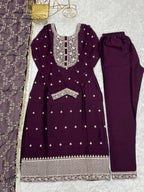 WINE BEAUTIFUL PURE BLOOMING RANGOLI SILK FABRIC STRAIGHT FIT KURTA WITH DUPPTA SET
