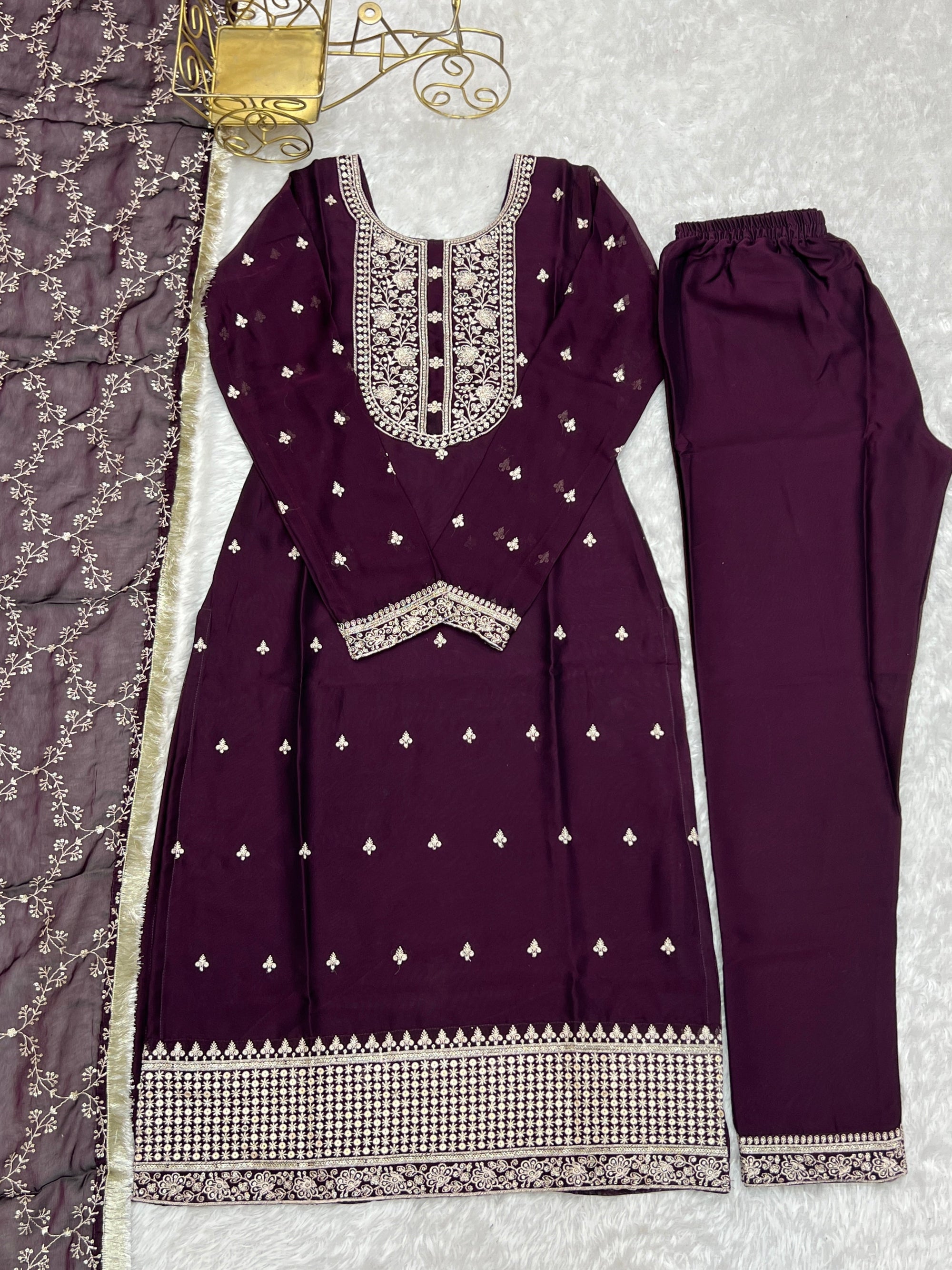 WINE BEAUTIFUL PURE BLOOMING RANGOLI SILK FABRIC STRAIGHT FIT KURTA WITH DUPPTA SET