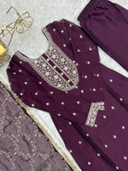 WINE BEAUTIFUL PURE BLOOMING RANGOLI SILK FABRIC STRAIGHT FIT KURTA WITH DUPPTA SET