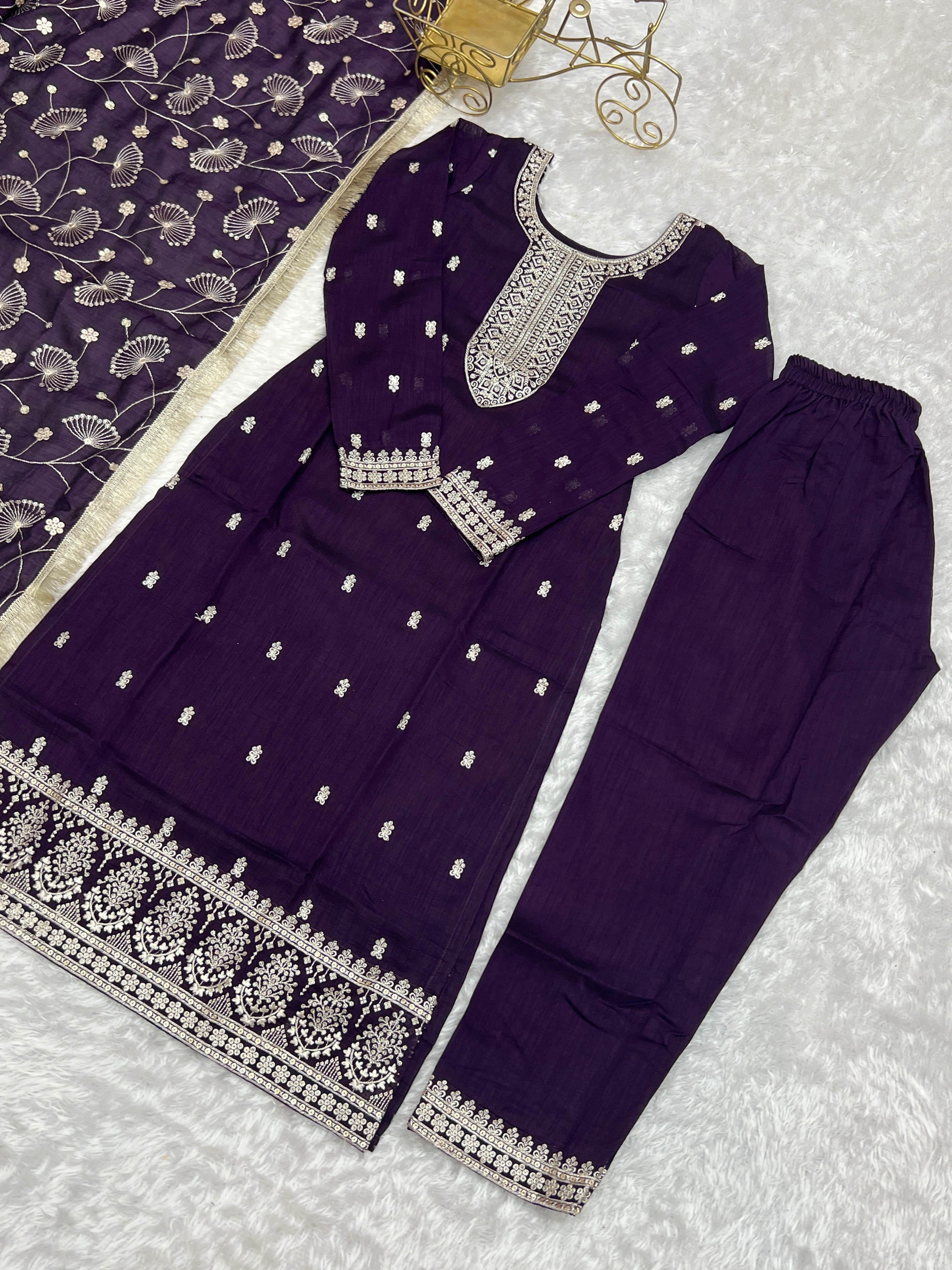 Purple New Beautiful Pure Bllooming Vichitra Silk Fabric Straight Fit Salwar Suiit