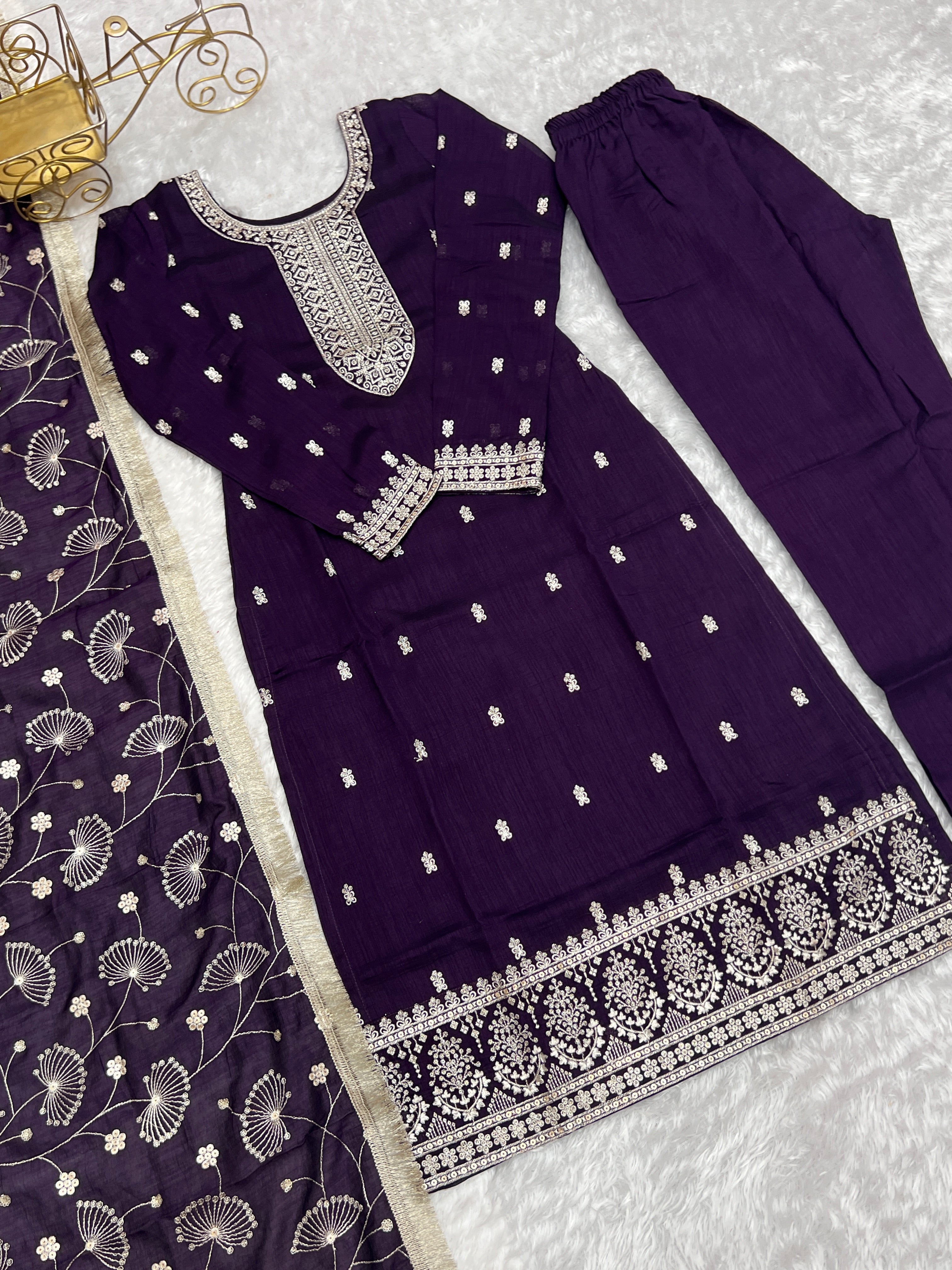 Purple New Beautiful Pure Bllooming Vichitra Silk Fabric Straight Fit Salwar Suiit
