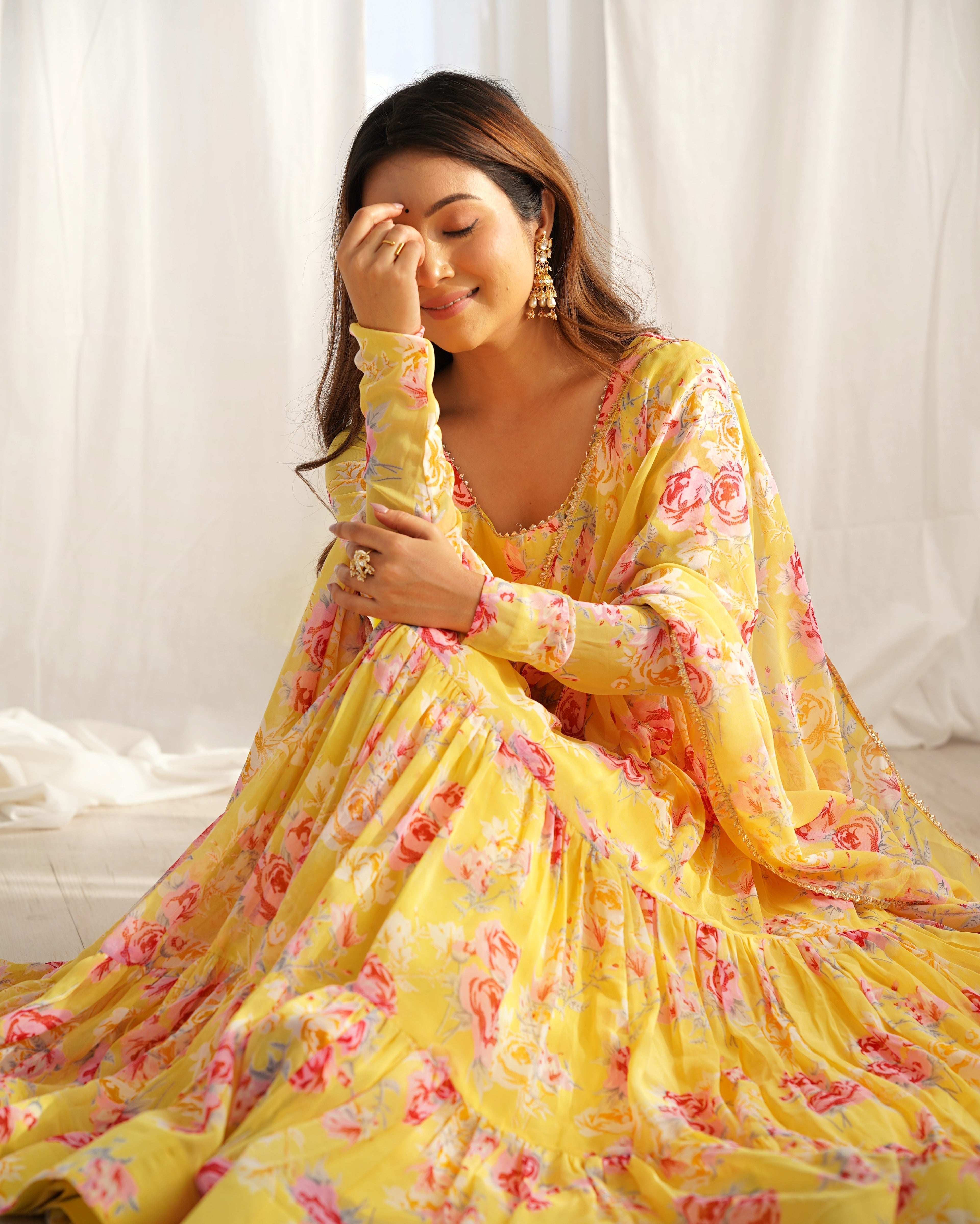 Yellow Heavy Pure Fox Georgette Multi Floral Print Suit