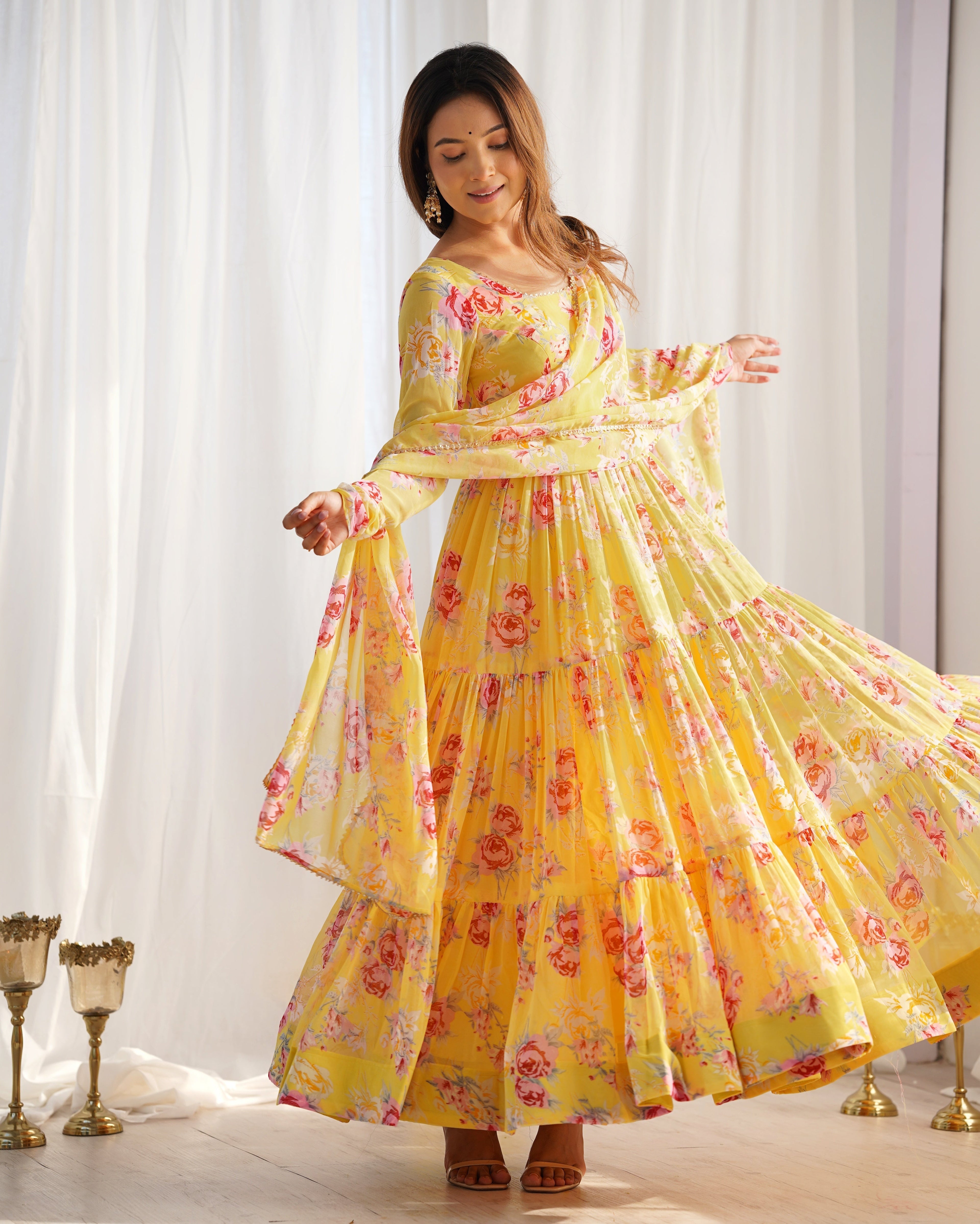 Yellow Heavy Pure Fox Georgette Multi Floral Print Suit