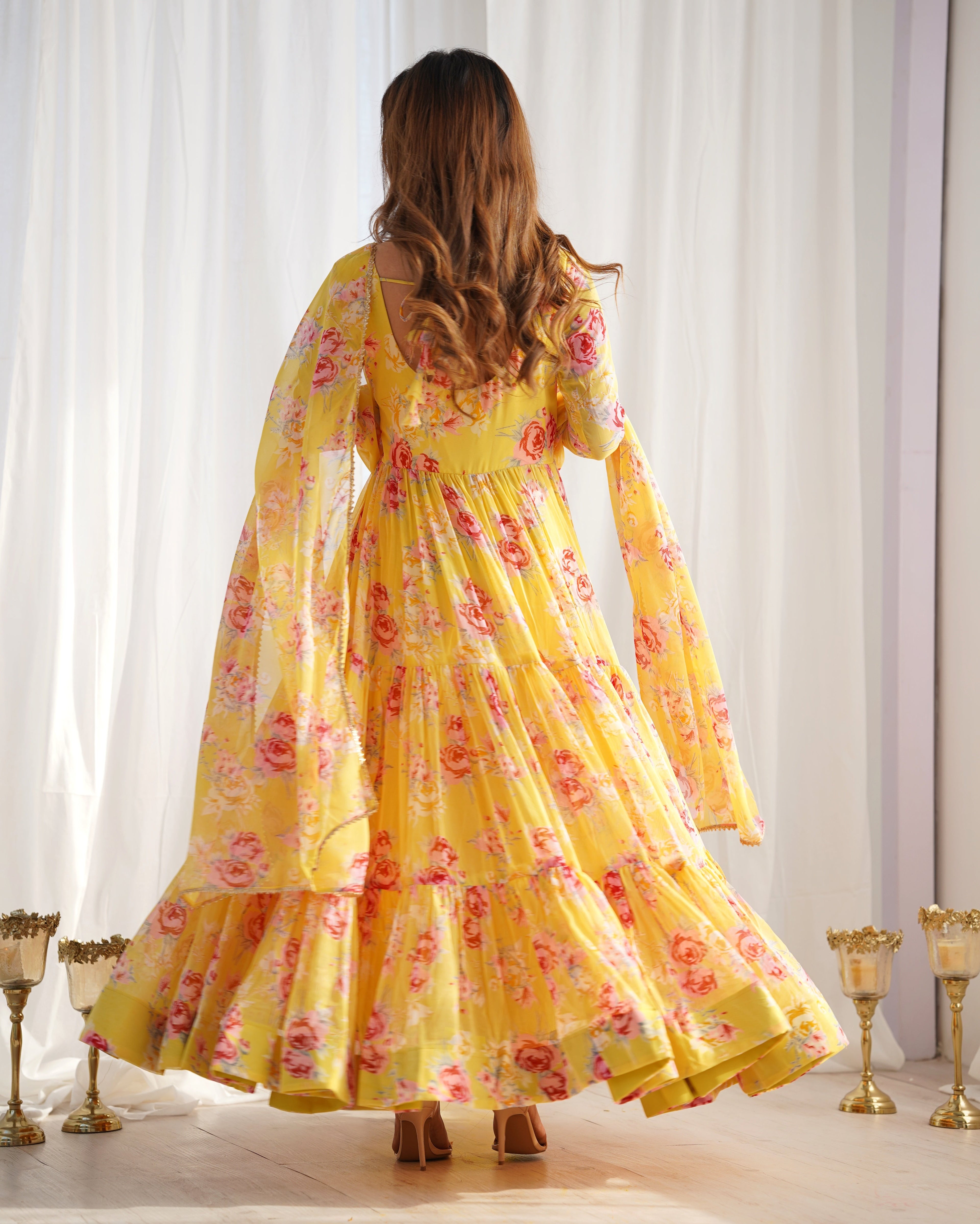 Yellow Heavy Pure Fox Georgette Multi Floral Print Suit