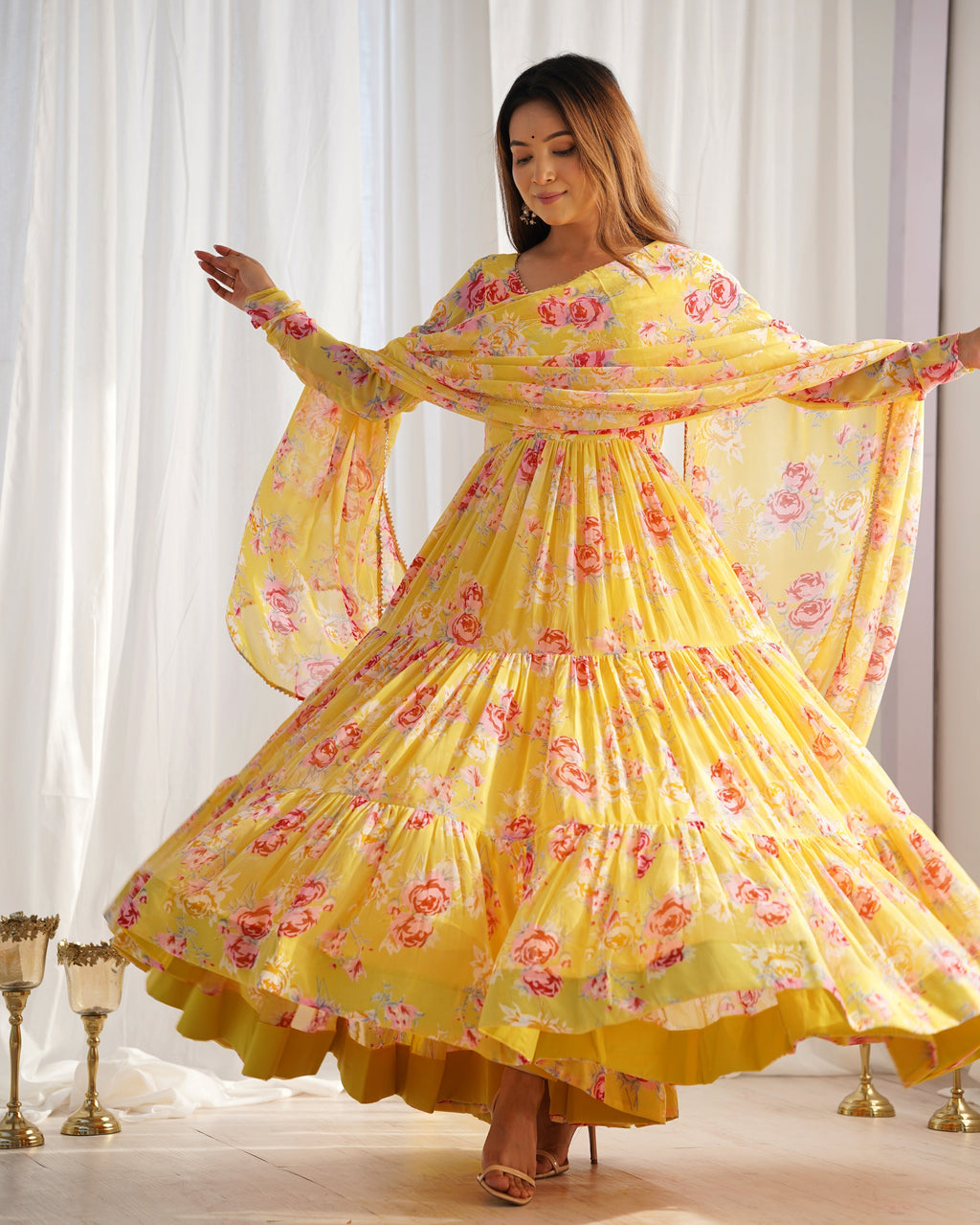 Yellow Heavy Pure Fox Georgette Multi Floral Print Suit