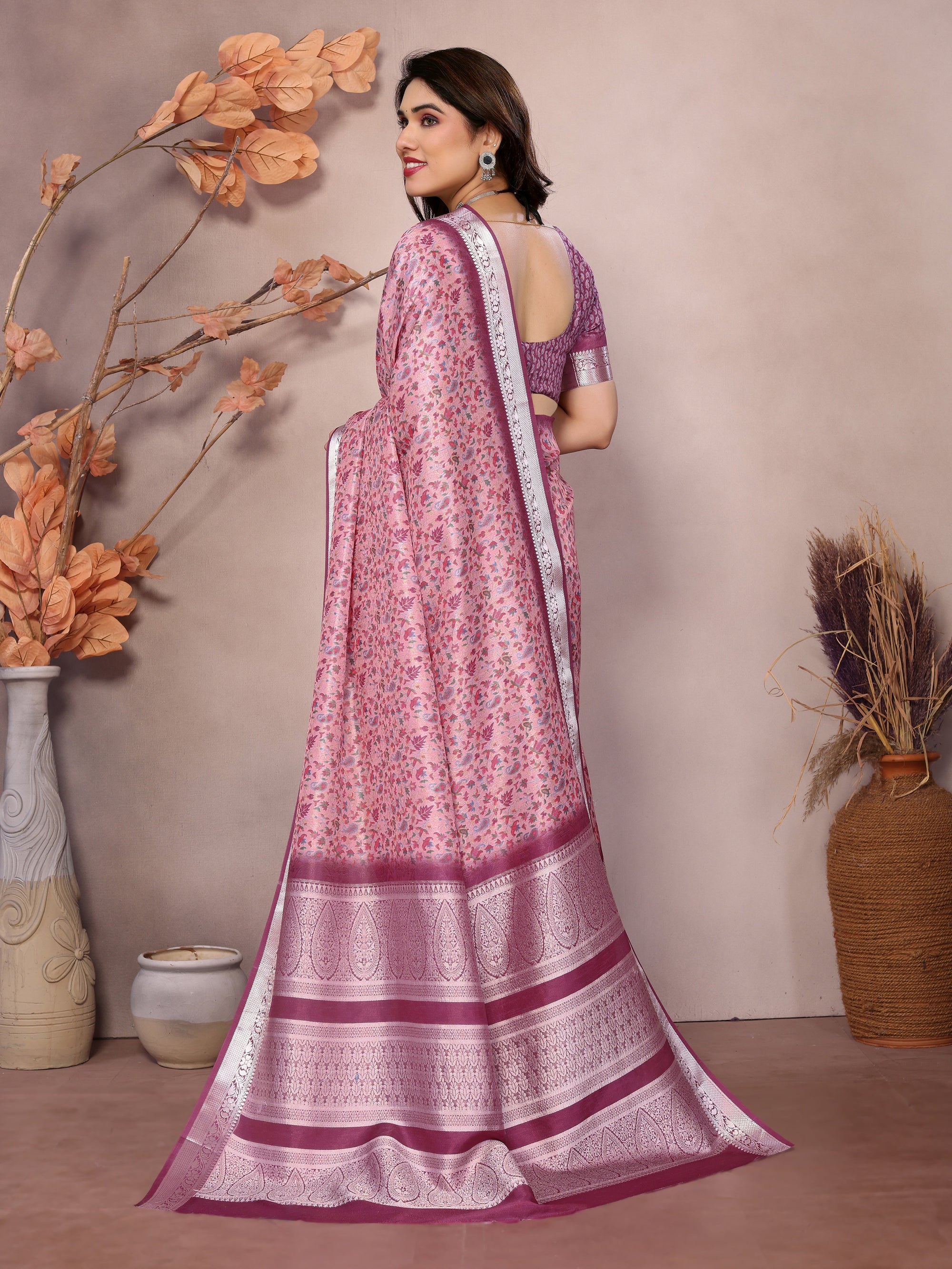 Designer Beautiful Blue Color Khadi Vichitra Pashmina Digital Print With Jacquard Rich Pallu Border Weaving Work