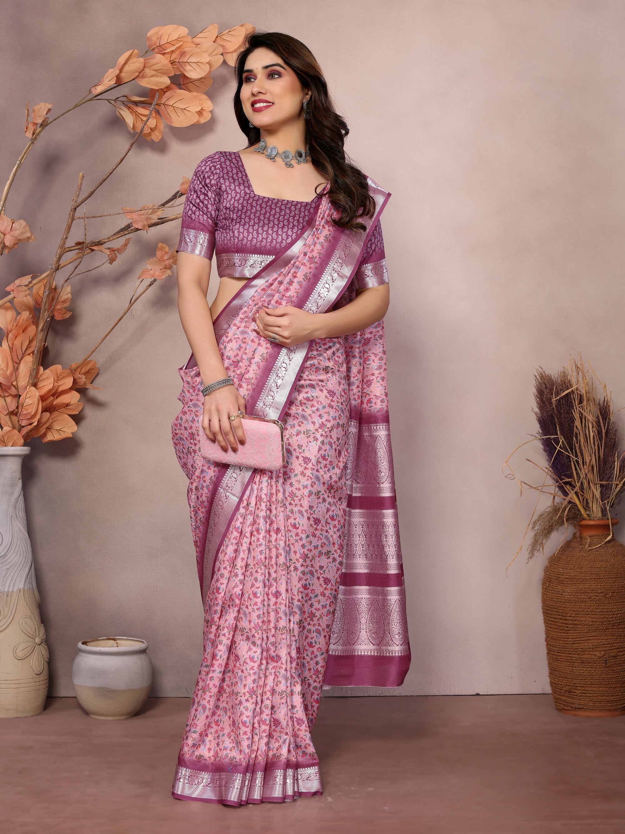 Designer Beautiful Blue Color Khadi Vichitra Pashmina Digital Print With Jacquard Rich Pallu Border Weaving Work