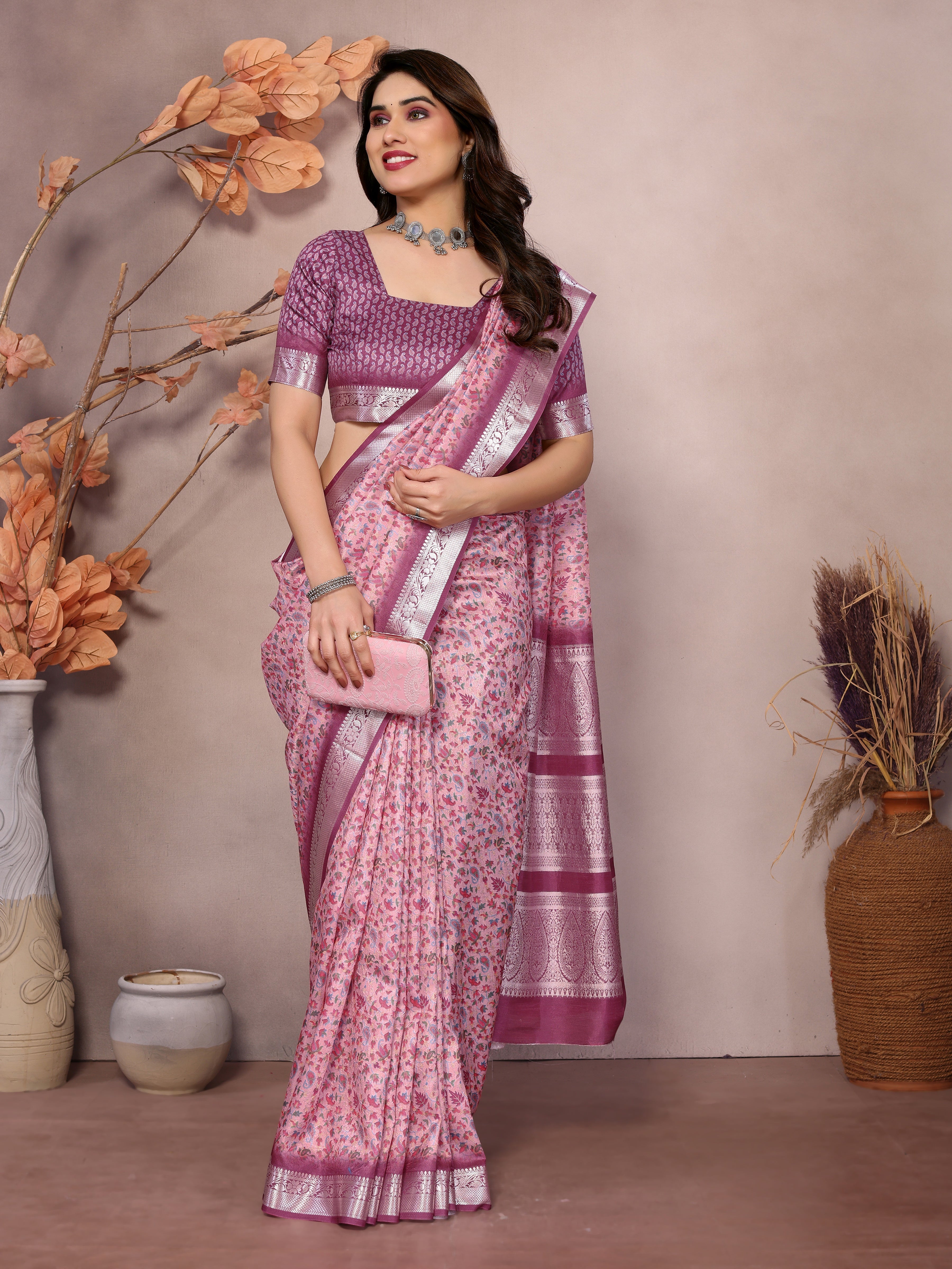 Designer Beautiful Blue Color Khadi Vichitra Pashmina Digital Print With Jacquard Rich Pallu Border Weaving Work