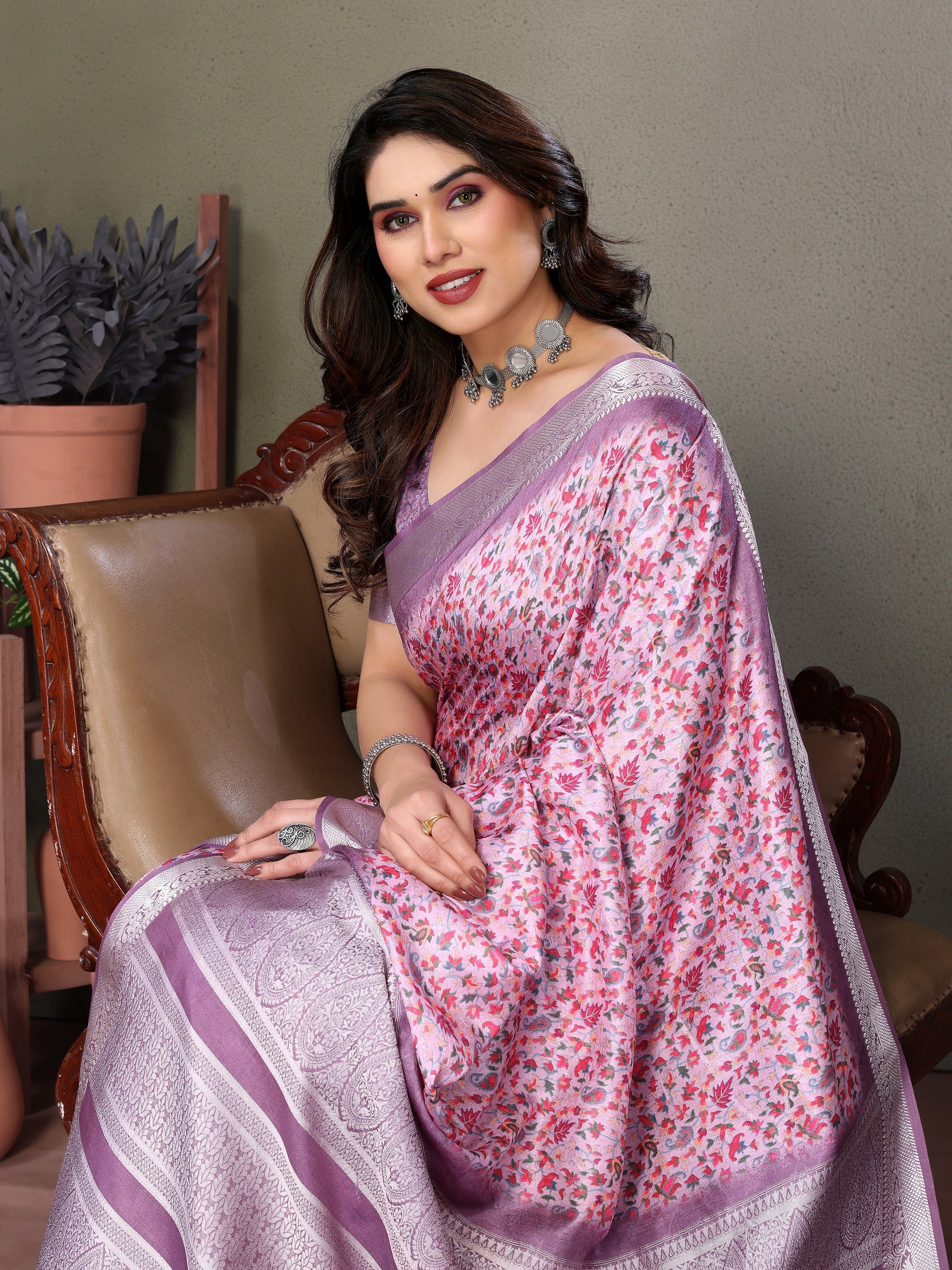 Designer Beautiful Blue Color Khadi Vichitra Pashmina Digital Print With Jacquard Rich Pallu Border Weaving Work