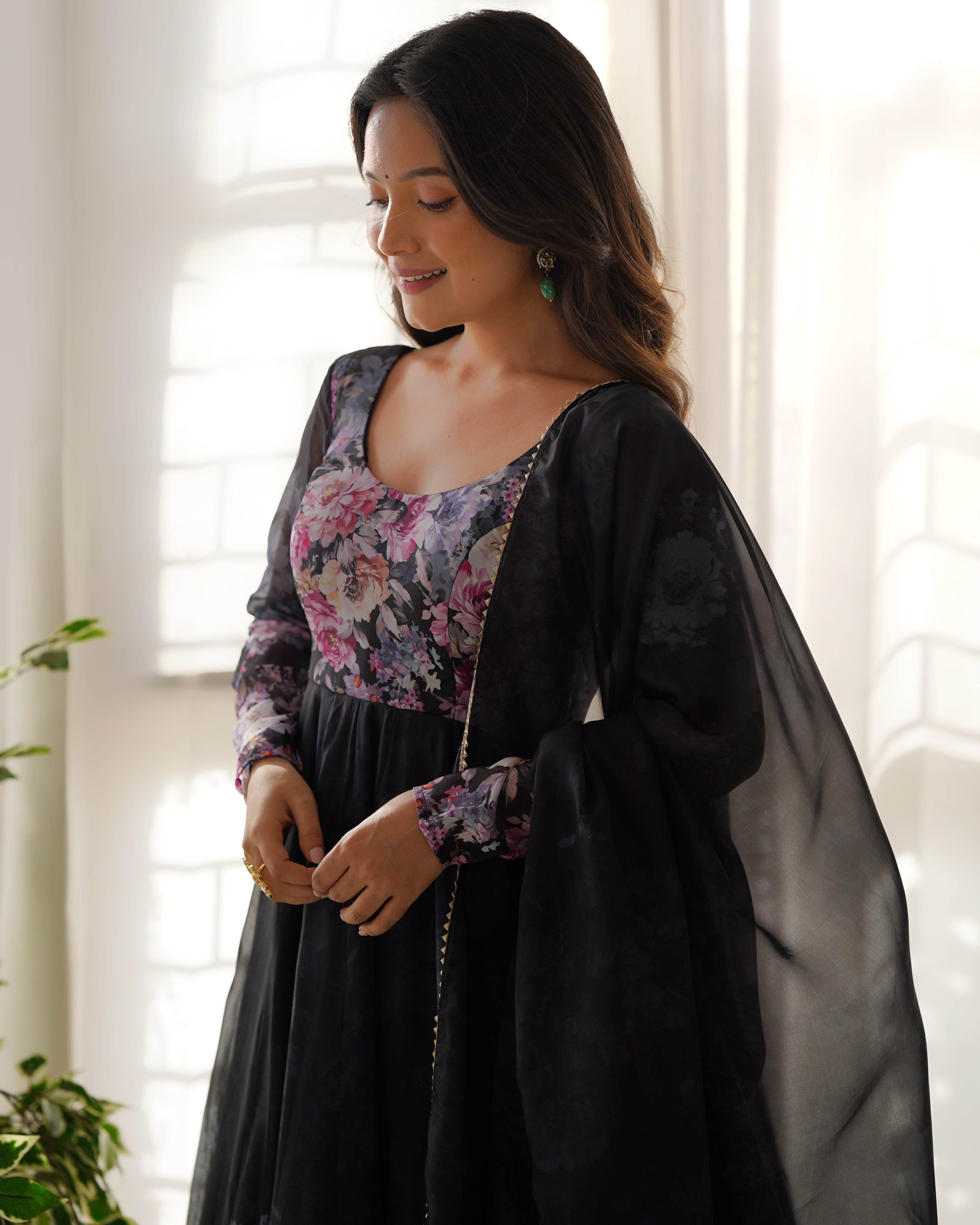 Black Pure Soft Organja Silk Fabric Fully Flair Kali Pattern And Canvas Patta With Dupatta Set Suit