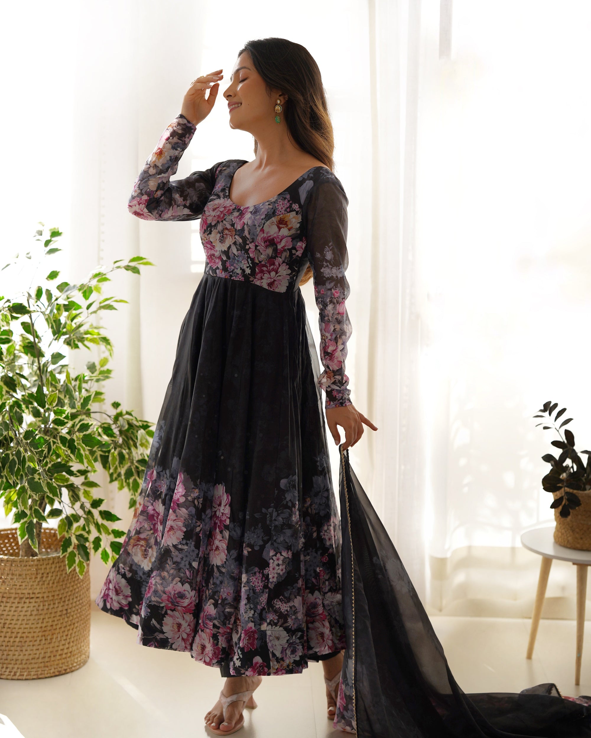 Black Pure Soft Organja Silk Fabric Fully Flair Kali Pattern And Canvas Patta With Dupatta Set Suit