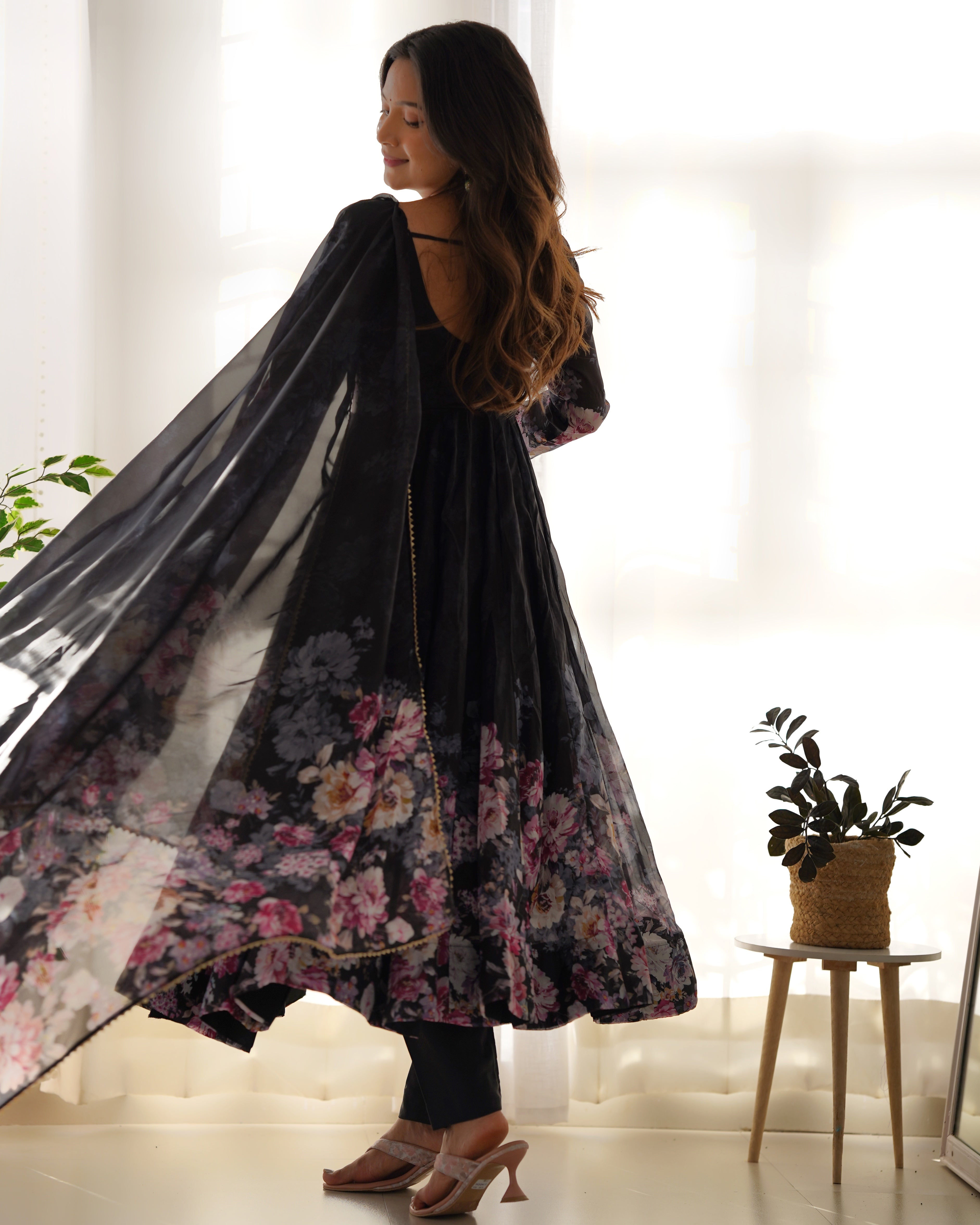 Black Pure Soft Organja Silk Fabric Fully Flair Kali Pattern And Canvas Patta With Dupatta Set Suit
