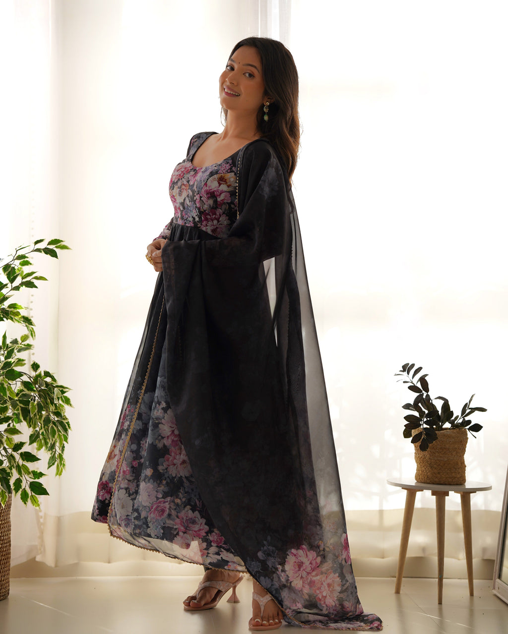 Black Pure Soft Organja Silk Fabric Fully Flair Kali Pattern And Canvas Patta With Dupatta Set Suit