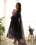Black Pure Soft Organja Silk Fabric Fully Flair Kali Pattern And Canvas Patta With Dupatta Set Suit