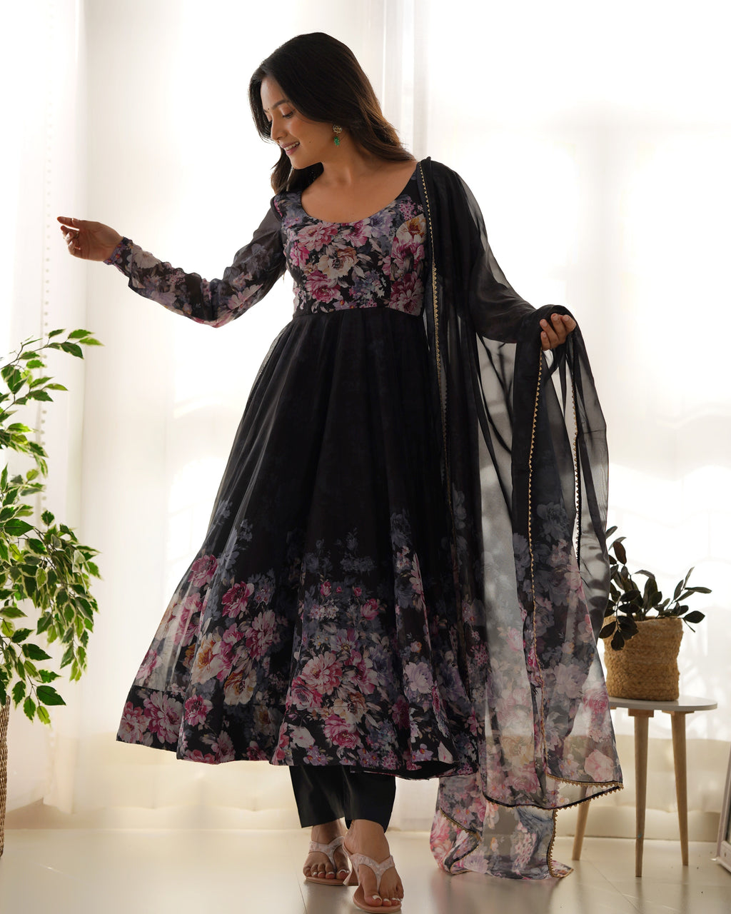 Black Pure Soft Organja Silk Fabric Fully Flair Kali Pattern And Canvas Patta With Dupatta Set Suit